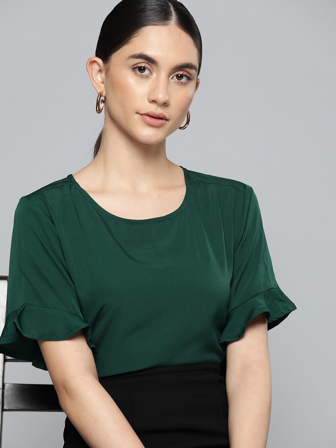 

Chemistry Green Solid Ruffles Top