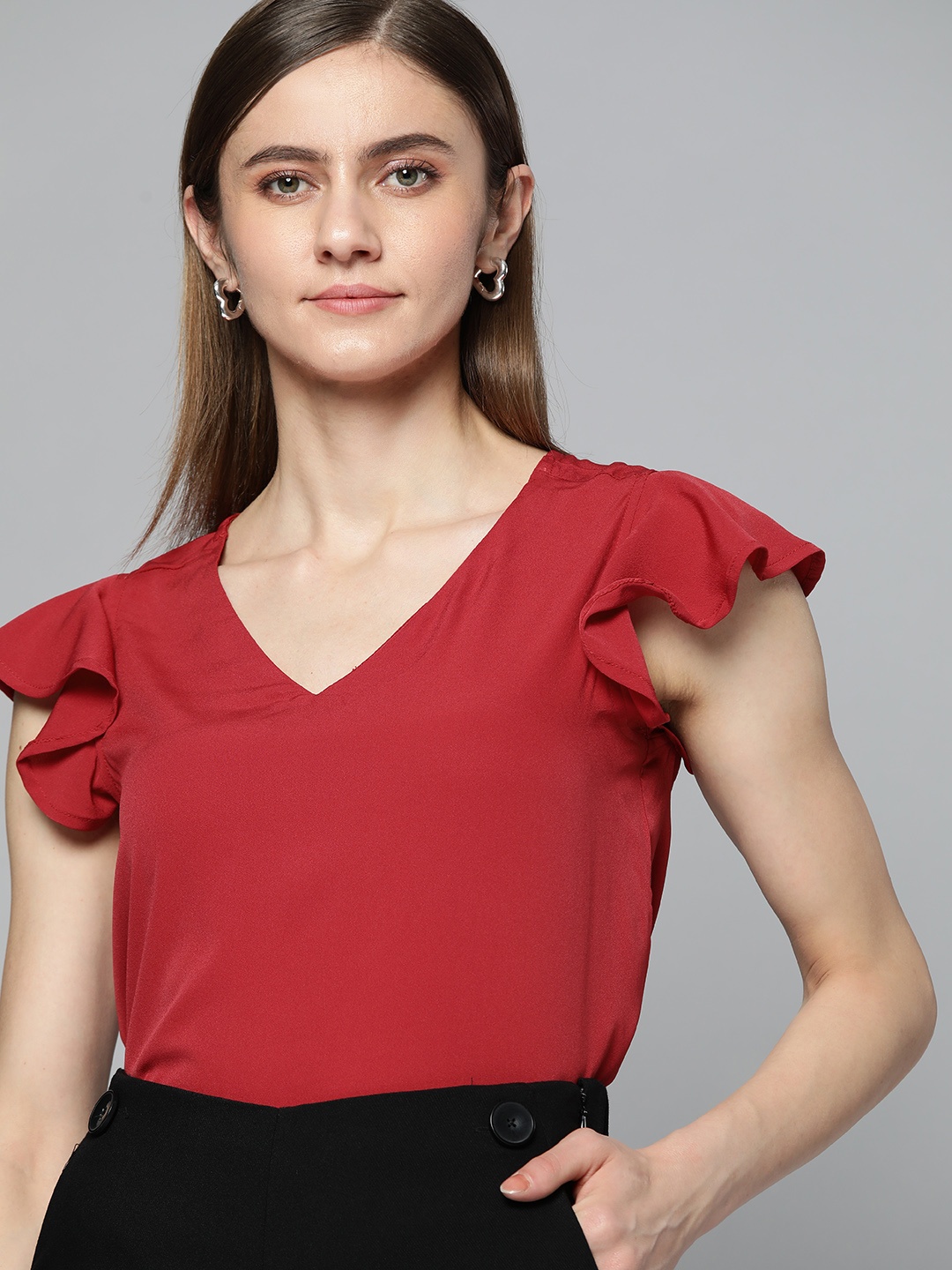 

Chemistry Red Solid Flutter Sleeves Top
