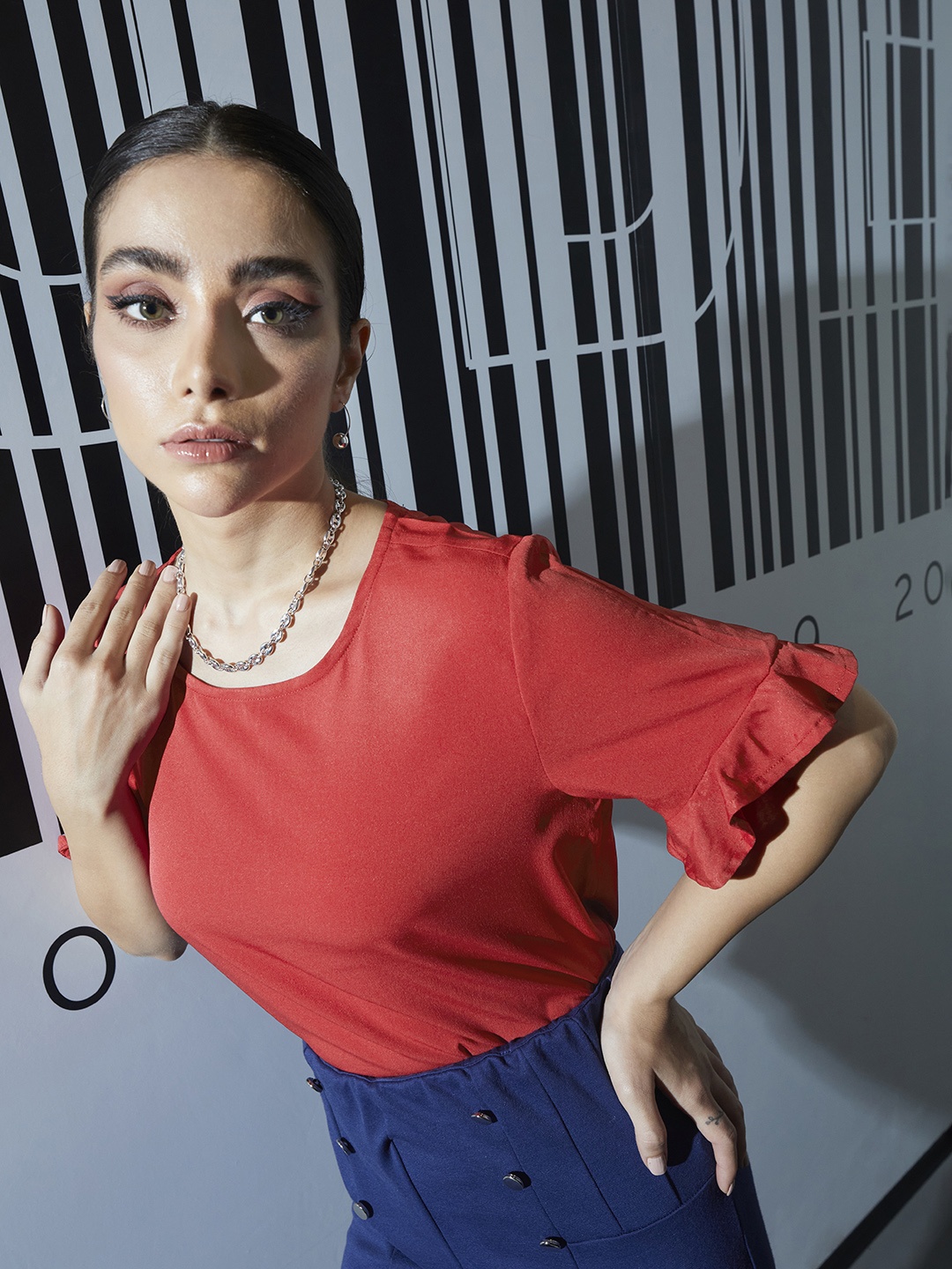 

Chemistry Red Solid Ruffles Top