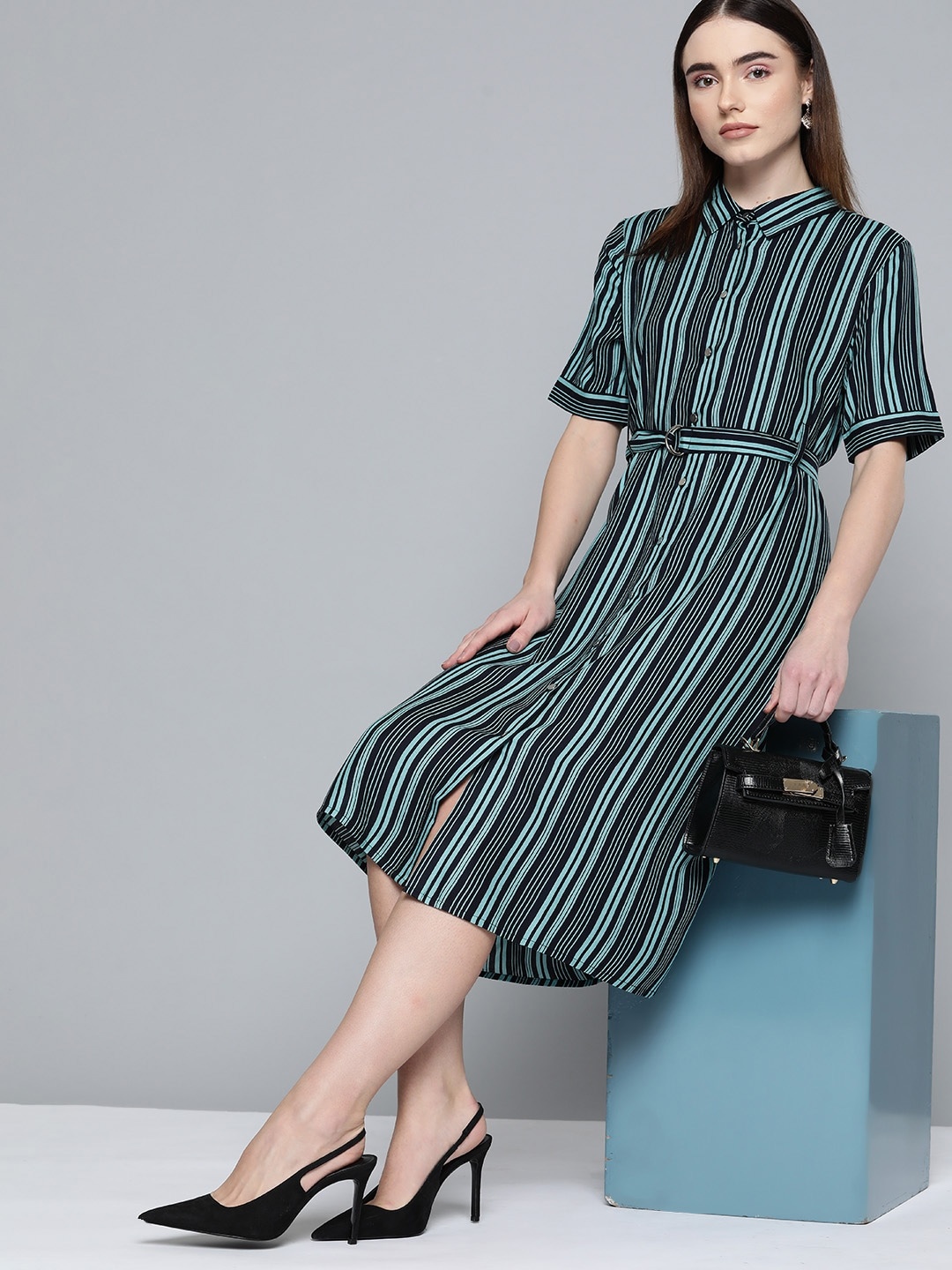 

Chemistry Blue Striped Midi Shirt Dress