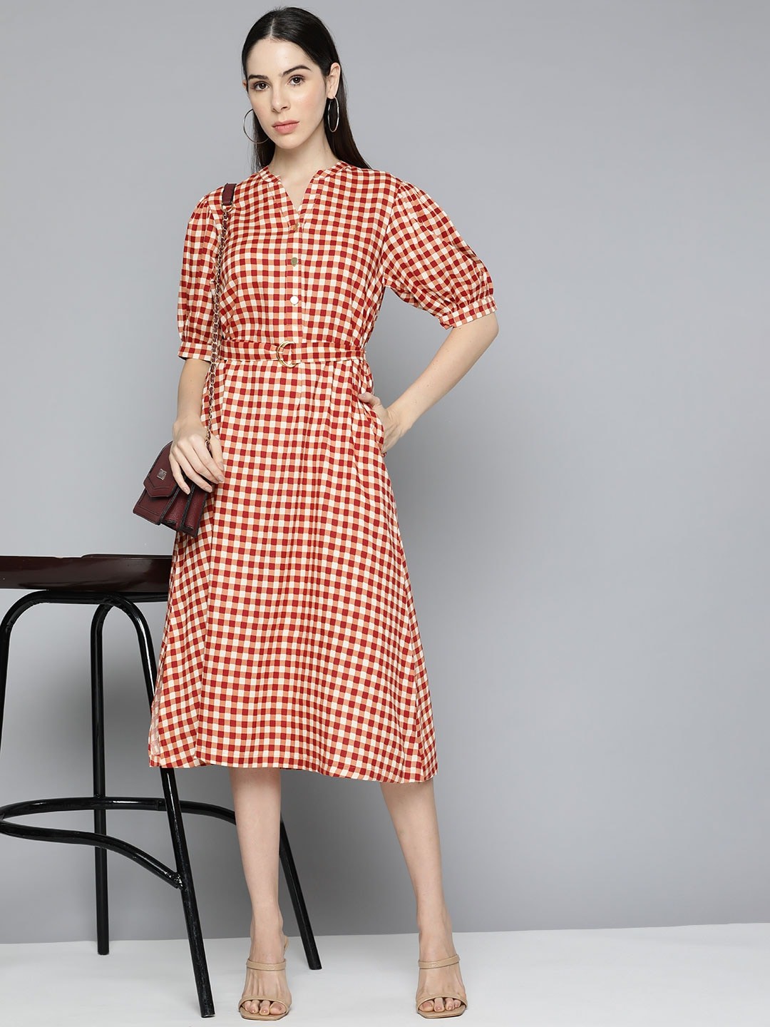 

Chemistry Maroon & Beige Checked Midi Dress with Belt