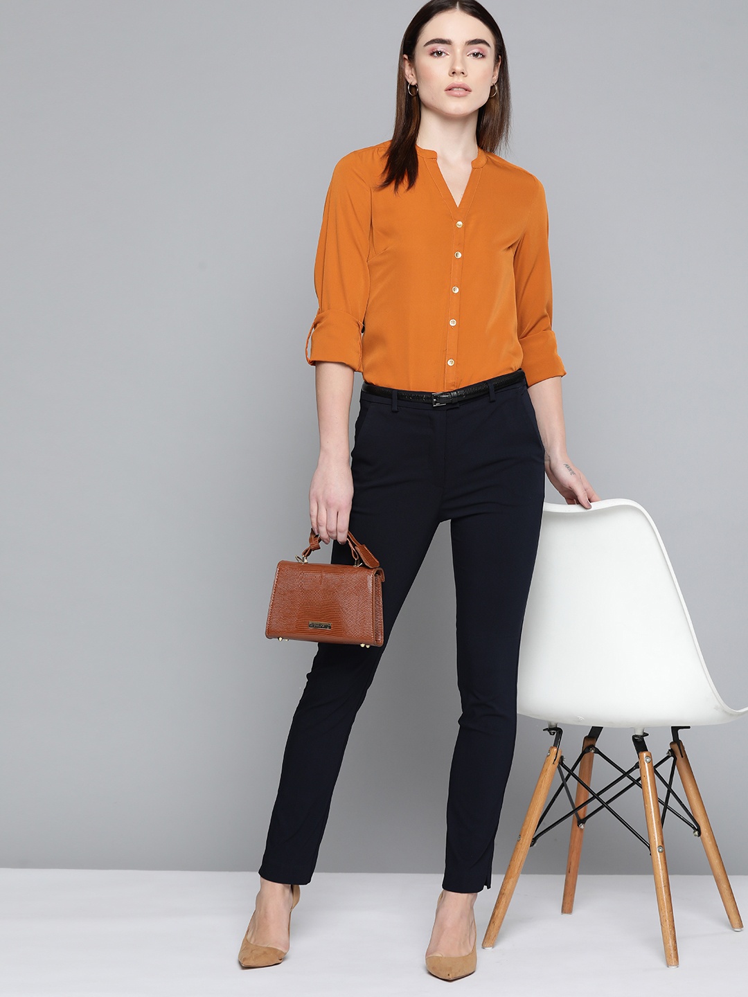 

Chemistry Women Rust Orange Solid Formal Shirt