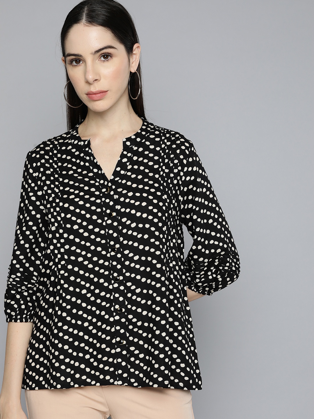 

Chemistry Women Black & Off White Polka Dot Printed Casual Shirt