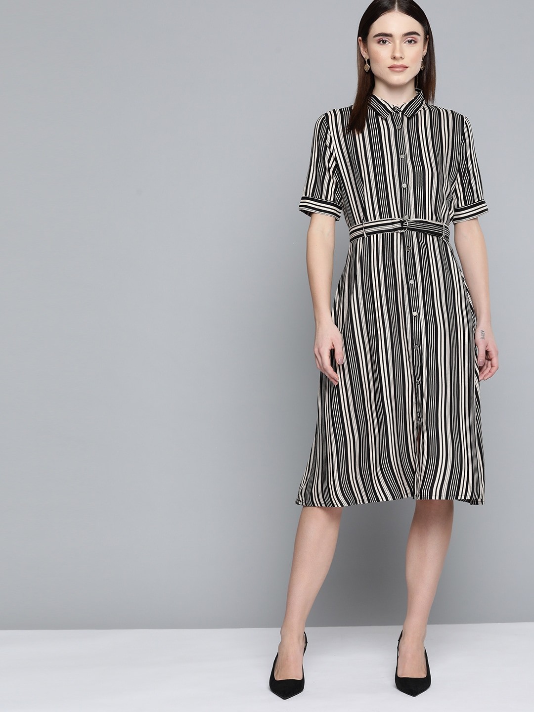 

Chemistry Beige & Black Striped Shirt Midi Dress
