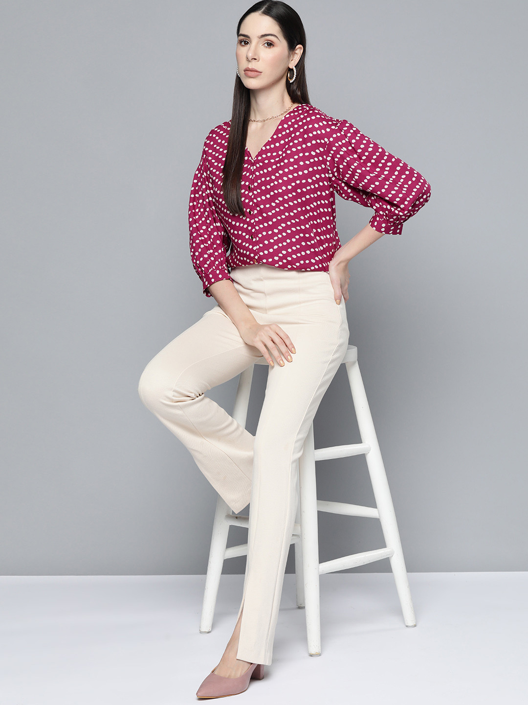 

Chemistry c Magenta & White Geometric Print Puff Sleeves Top