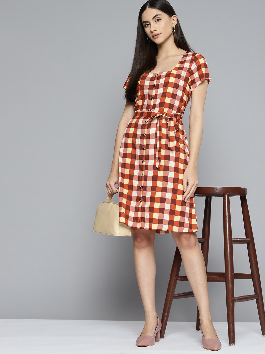 

Chemistry Rust Orange & Off White Checked A-Line Dress with a Belt