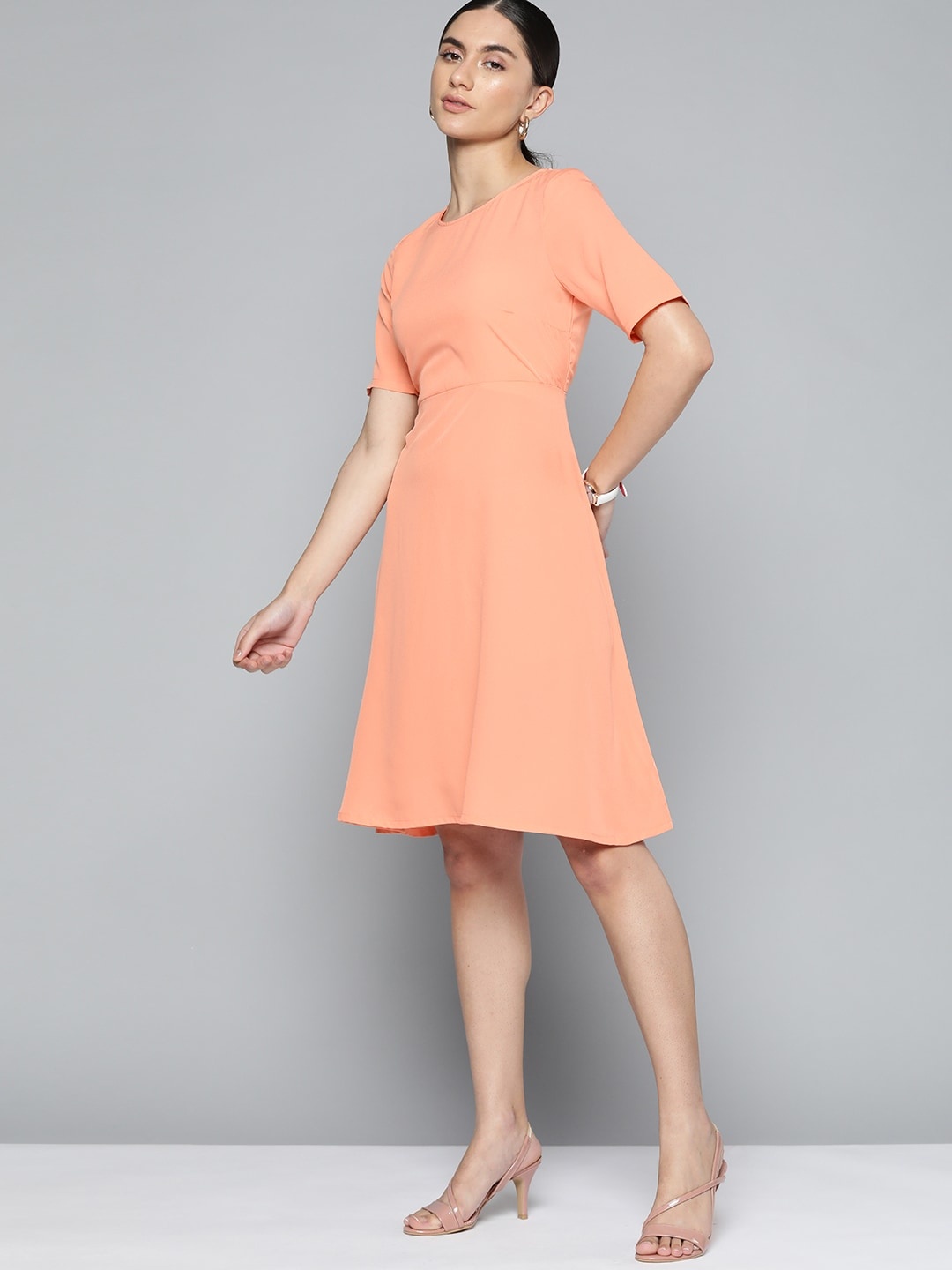 

Chemistry Peach-Coloured Solid A-Line Dress