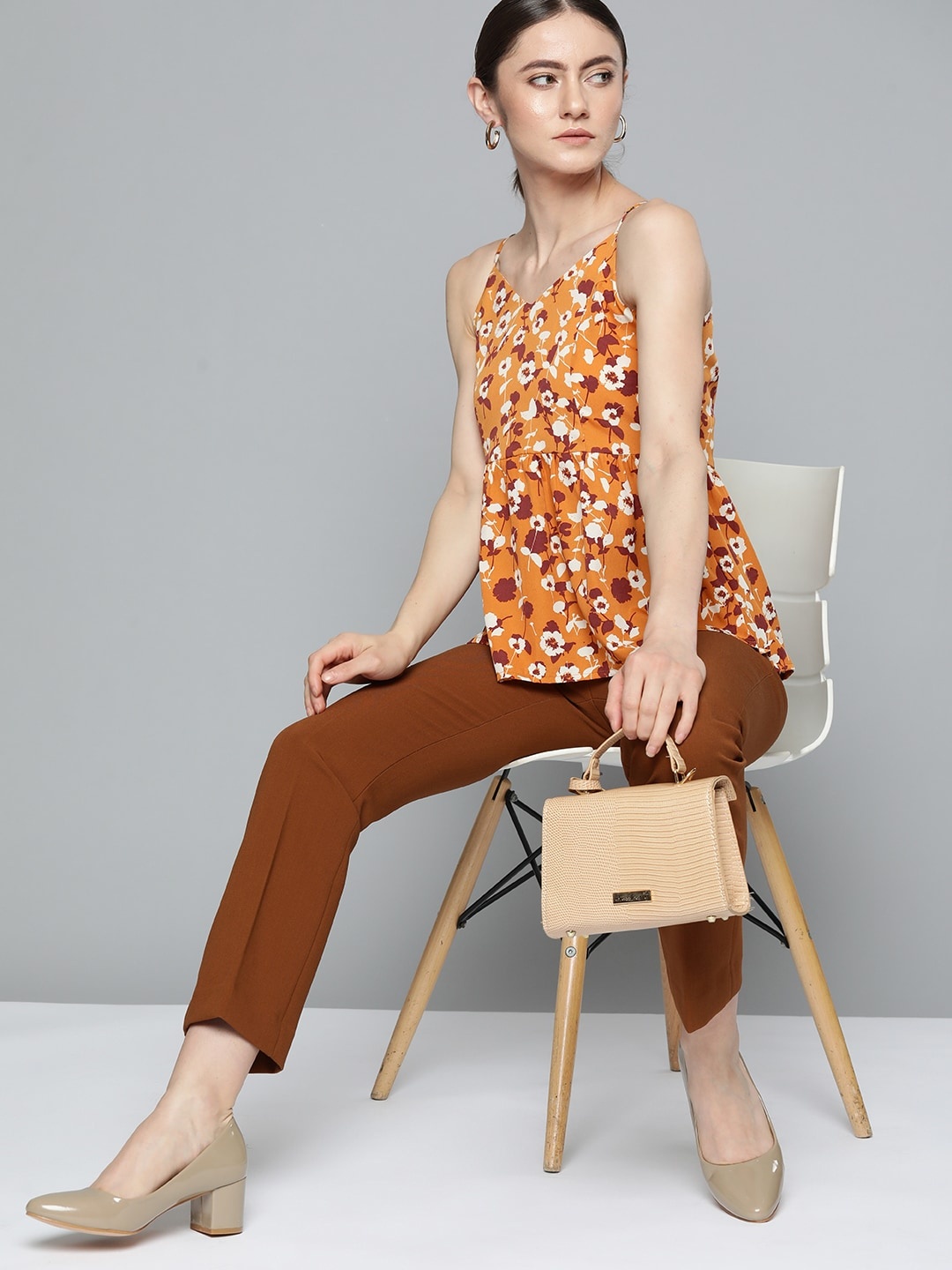 

Chemistry Women Floral Print Shoulder Straps Wove A-Line Top, Mustard