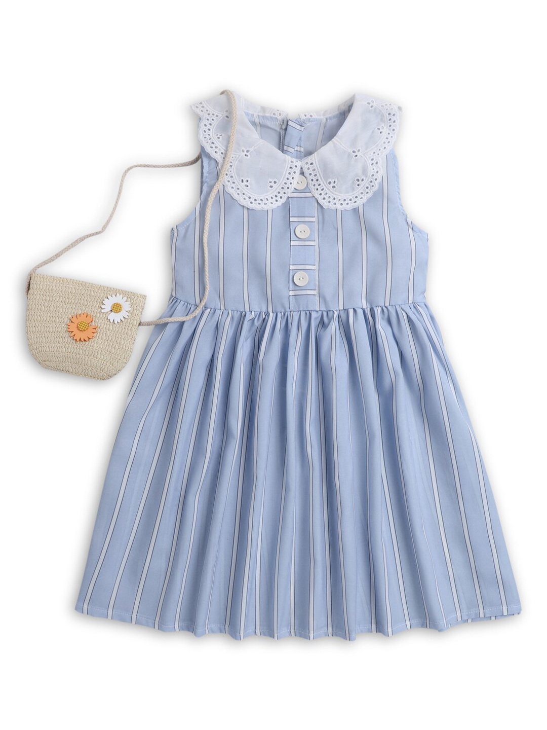 

Hopscotch Kids Blue Striped Peter Pan Collar A-Line Cotton Dress