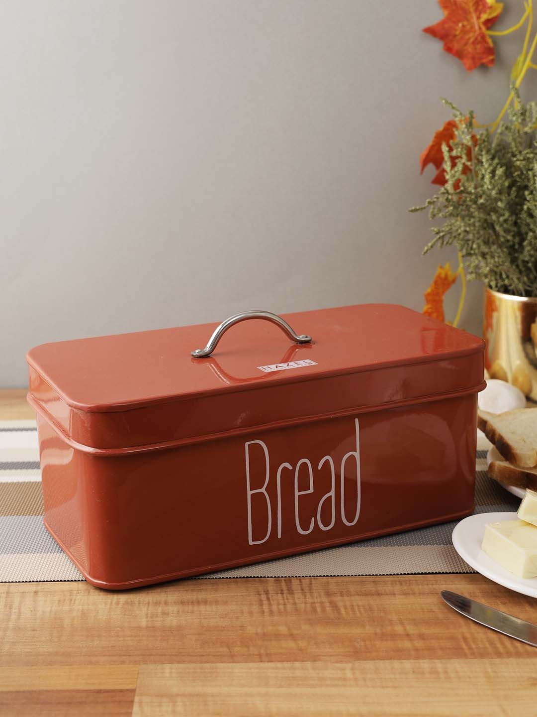 

HAZEL Red Printed Metal Bread Box with Handle Lid