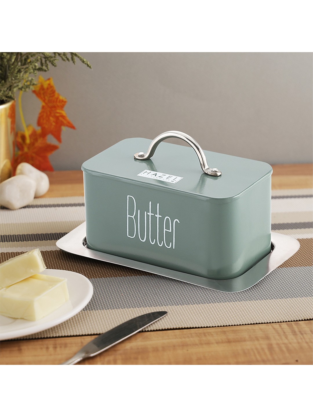 

HAZEL Grey Printed Metal Butter Storage Box With Handle Lid