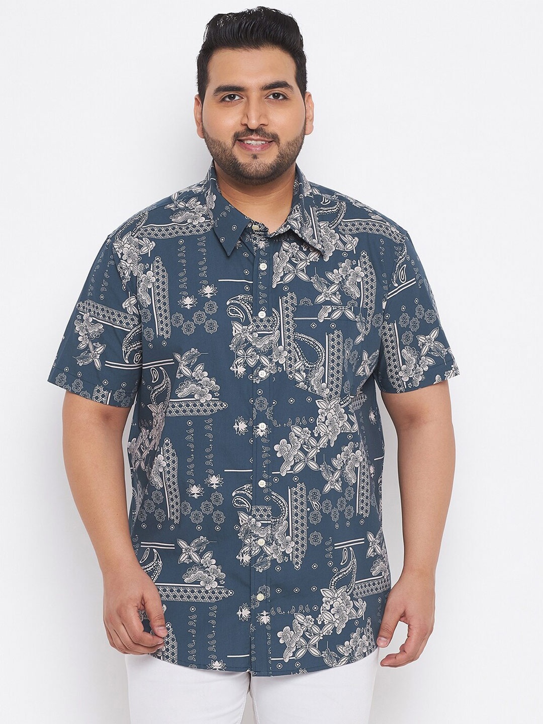 

bigbanana Men Plus Size Blue Classic Floral Printed Casual Shirt