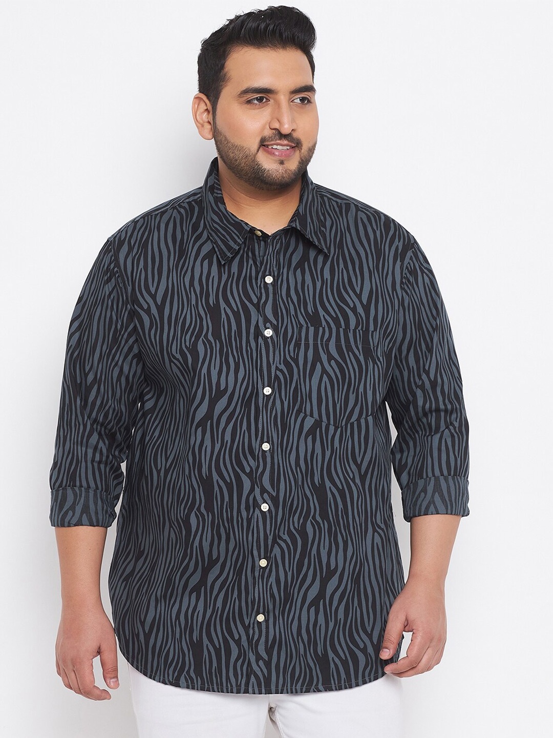 

bigbanana Plus Size Men Navy Blue Classic Printed Cotton Casual Shirt