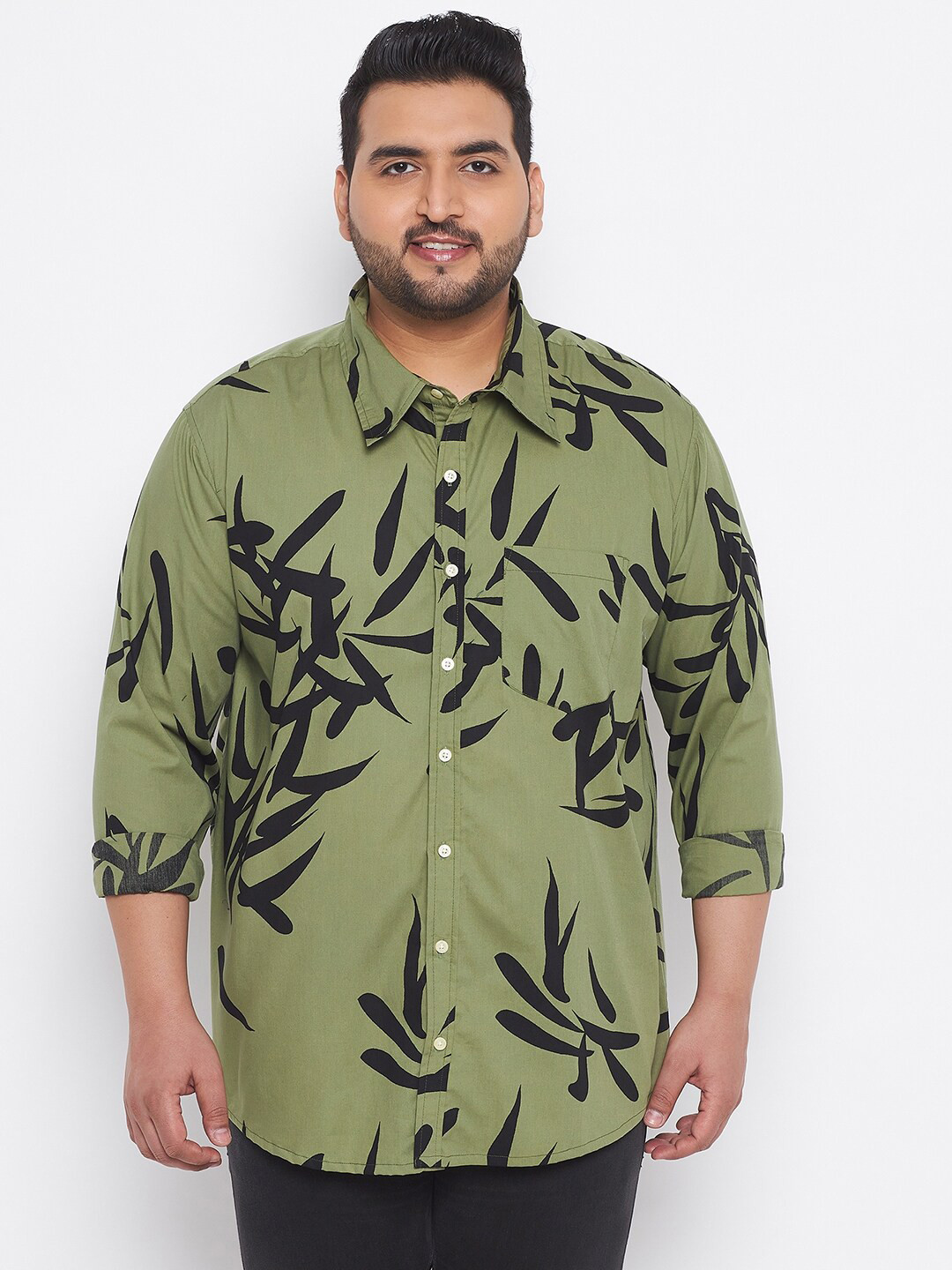

bigbanana Men Plus Size Olive Green & Black Classic Printed Pure Cotton Casual Shirt