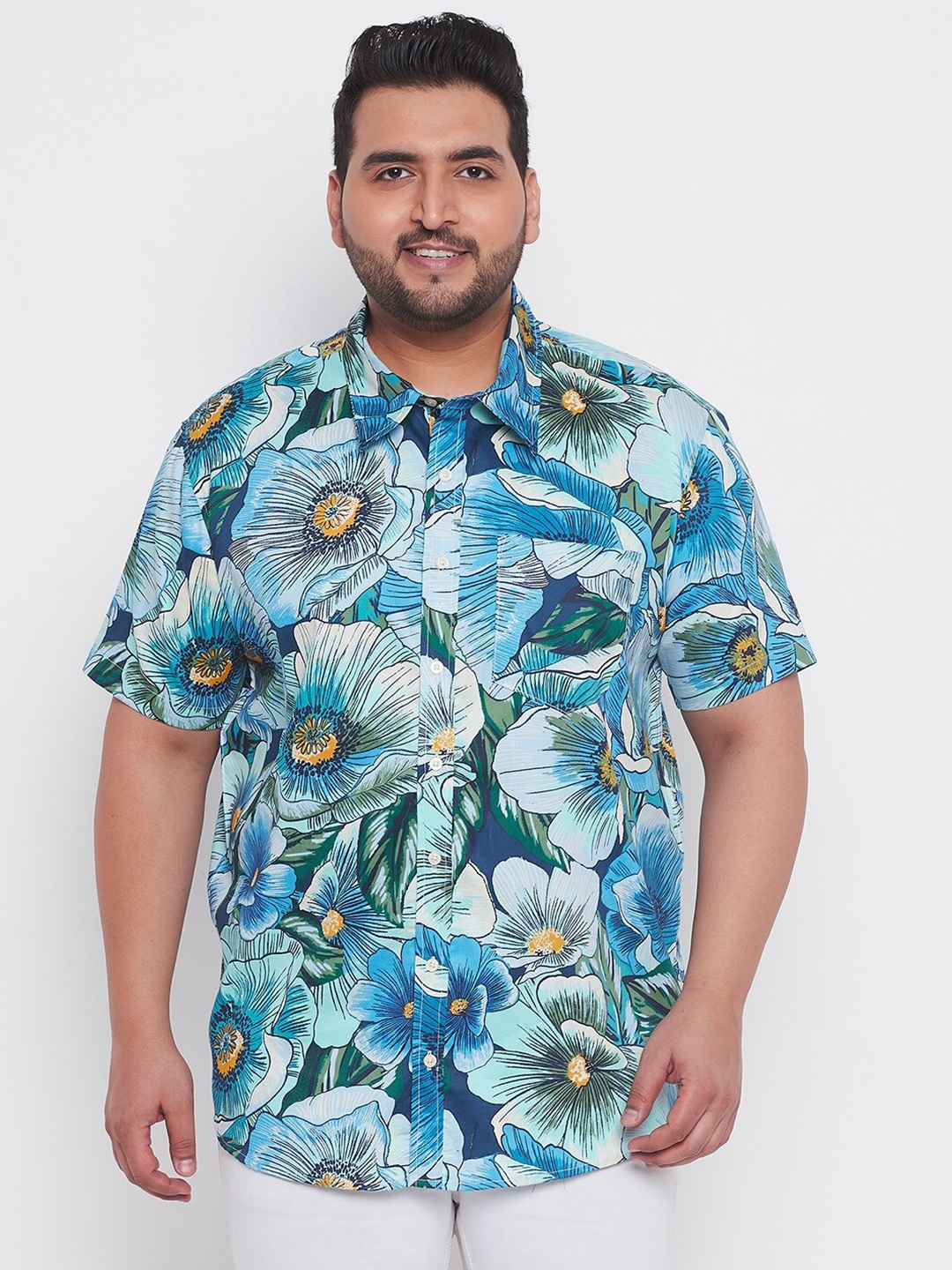

bigbanana Plus Size Men White Classic Floral Printed 100% Cotton Casual Shirt