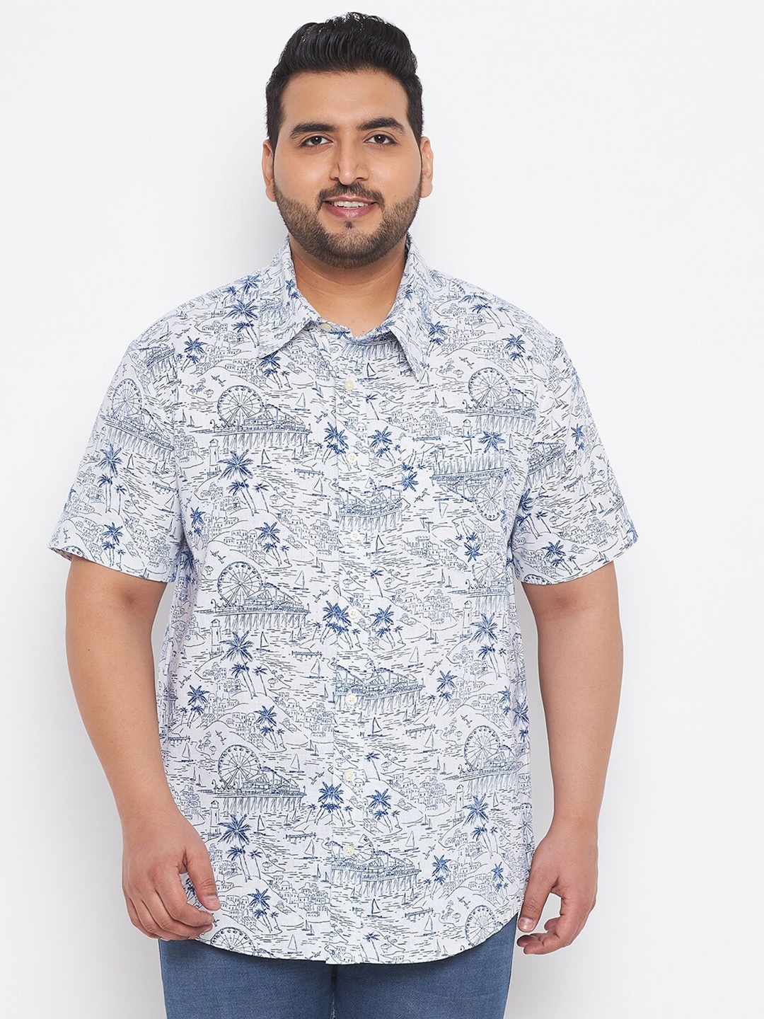 

bigbanana Plus Size Men White Classic Printed Casual Shirt