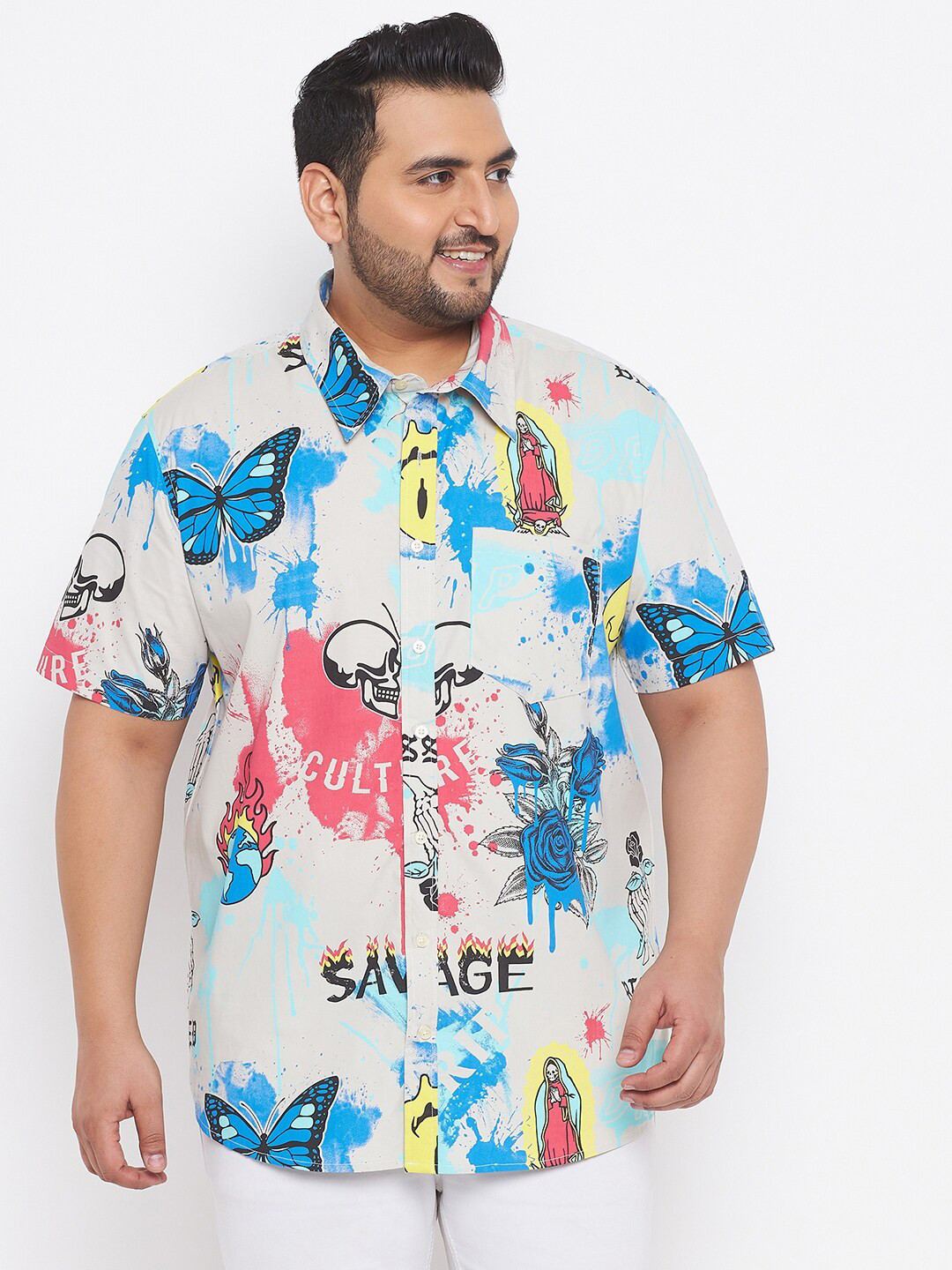 

bigbanana Plus Size Men White Classic Floral Printed 100% Cotton Casual Shirt