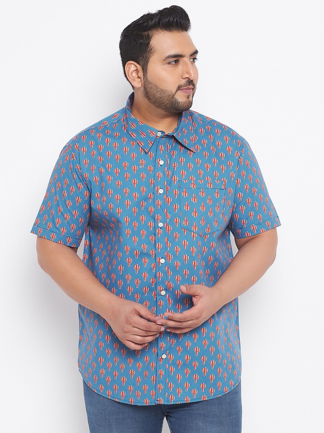 

bigbanana Men Plus Size Blue Classic Printed Casual Shirt