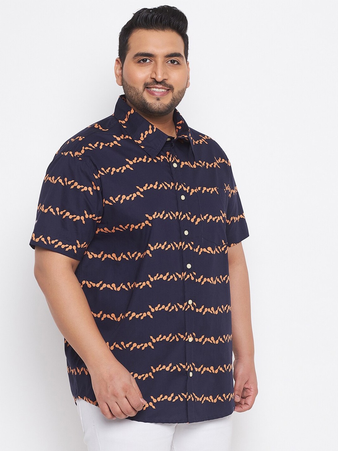 

bigbanana Men Plus Size Navy Blue Classic Printed Pure Cotton Casual Shirt