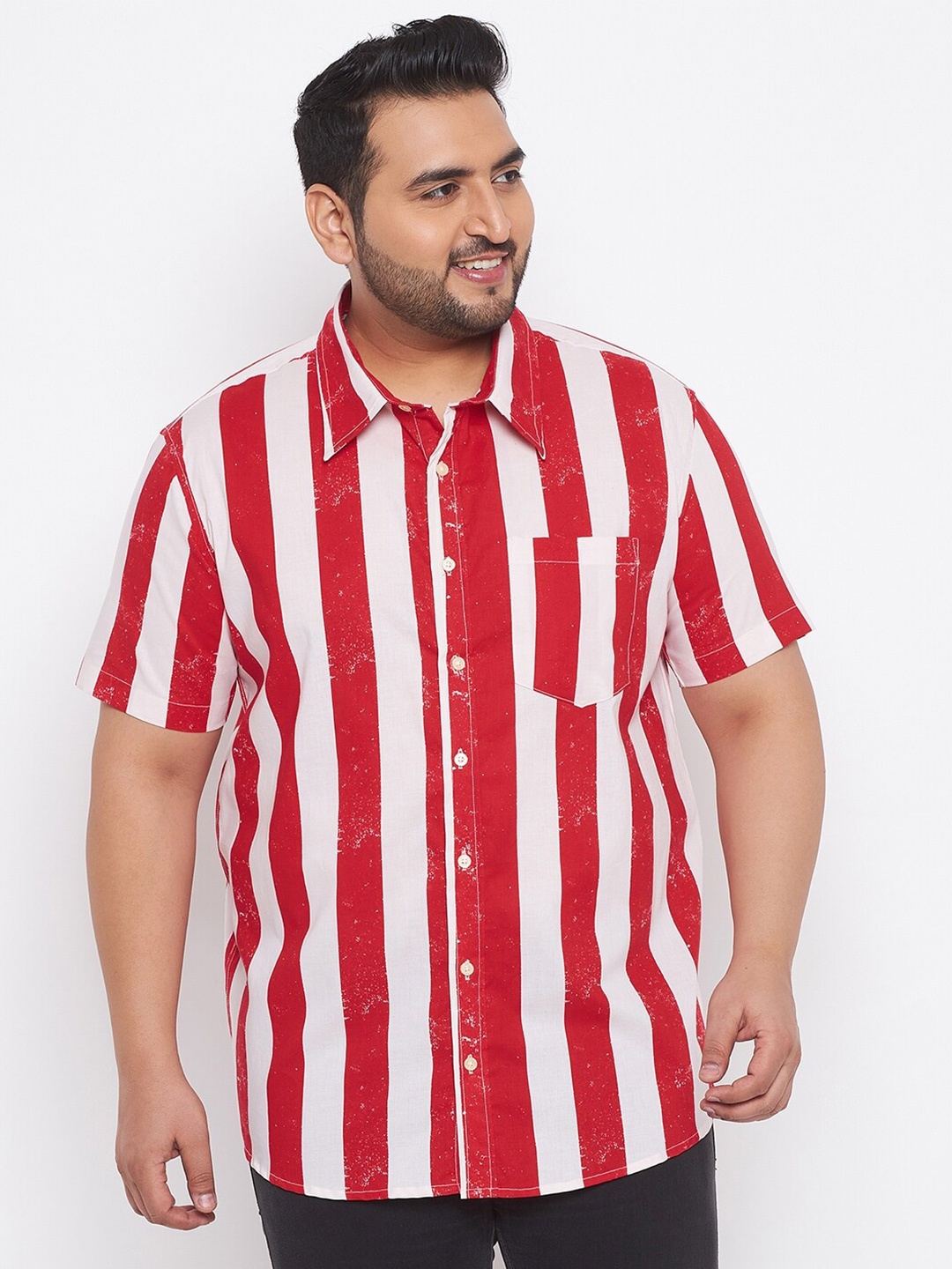 

bigbanana Plus Size Men Red & White Classic Striped Pure Cotton Casual Shirt