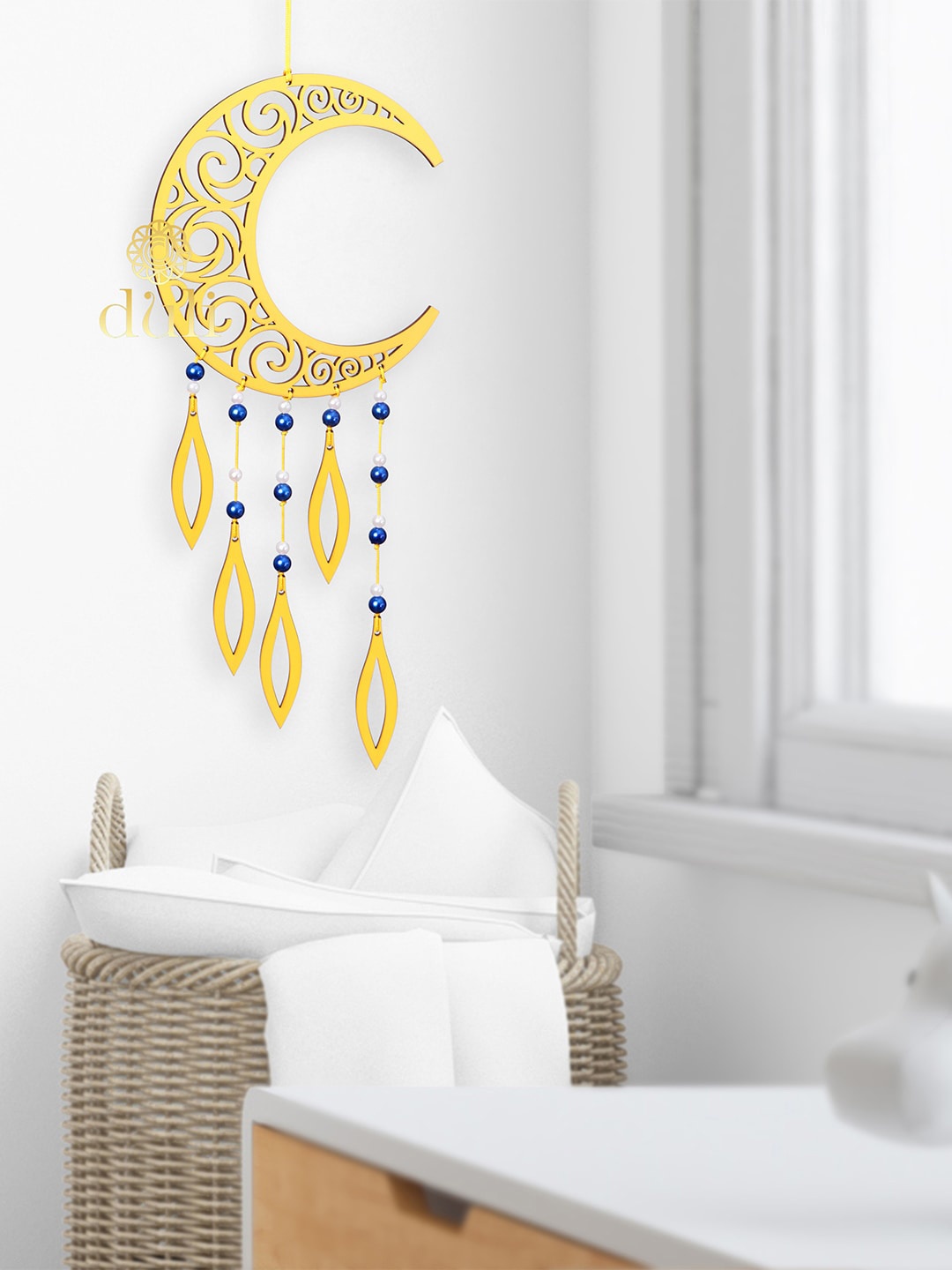 

DULI Yellow & Blue Wood Crescent Dream Catcher Windchimes