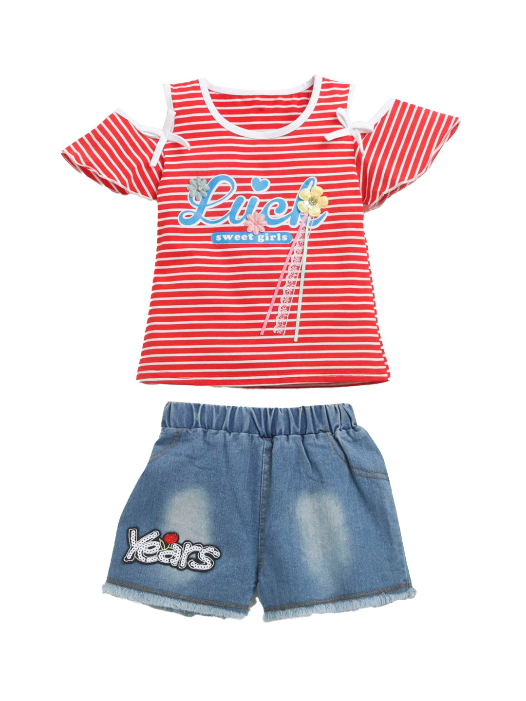 

Hopscotch Girls Red & Blue Striped Pure Cotton Top with Shorts
