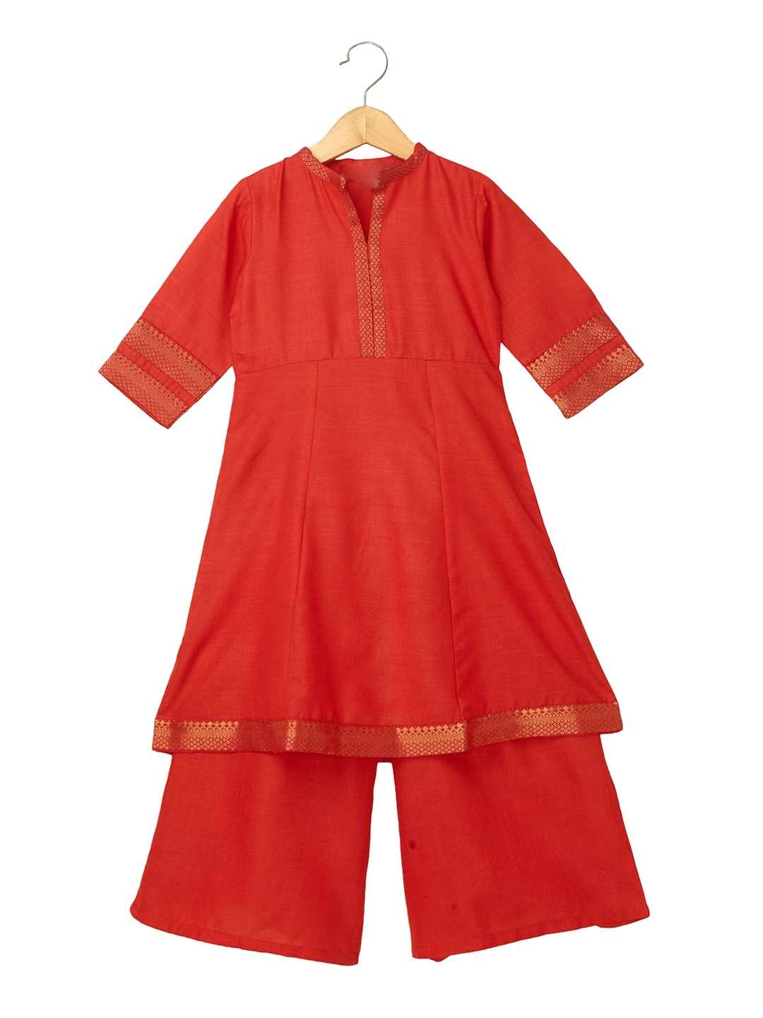 

Hopscotch Girls Red Angrakha Pure Cotton Kurta with Skirt