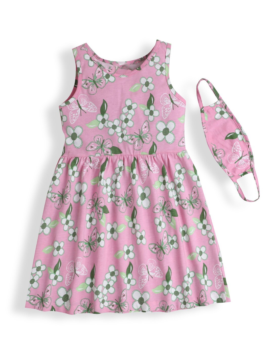 

Hopscotch Pink Floral Printed Dress With Mask