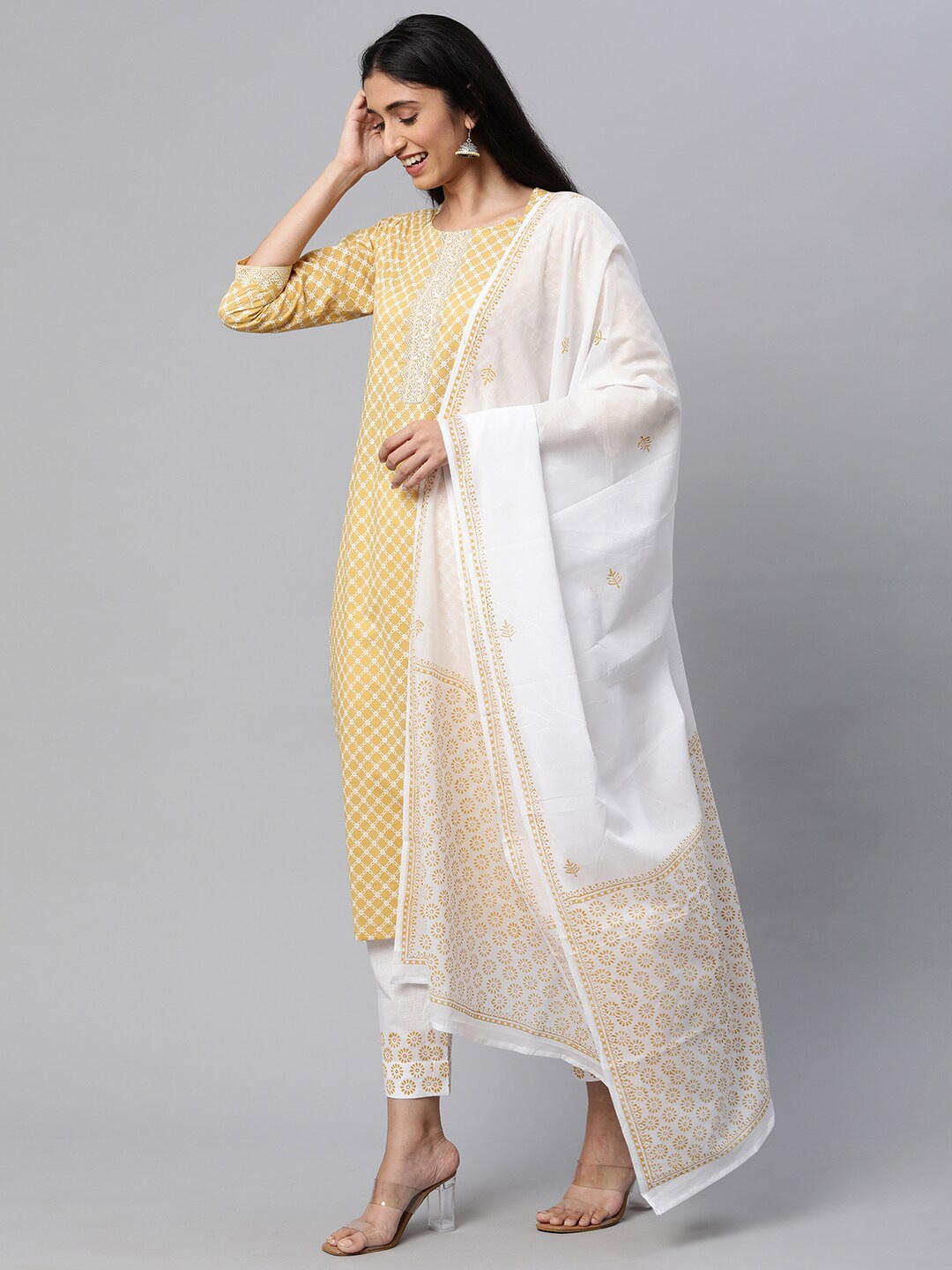 

KAMI KUBI Mustard & White Printed Pure Cotton Unstitched Dress Material