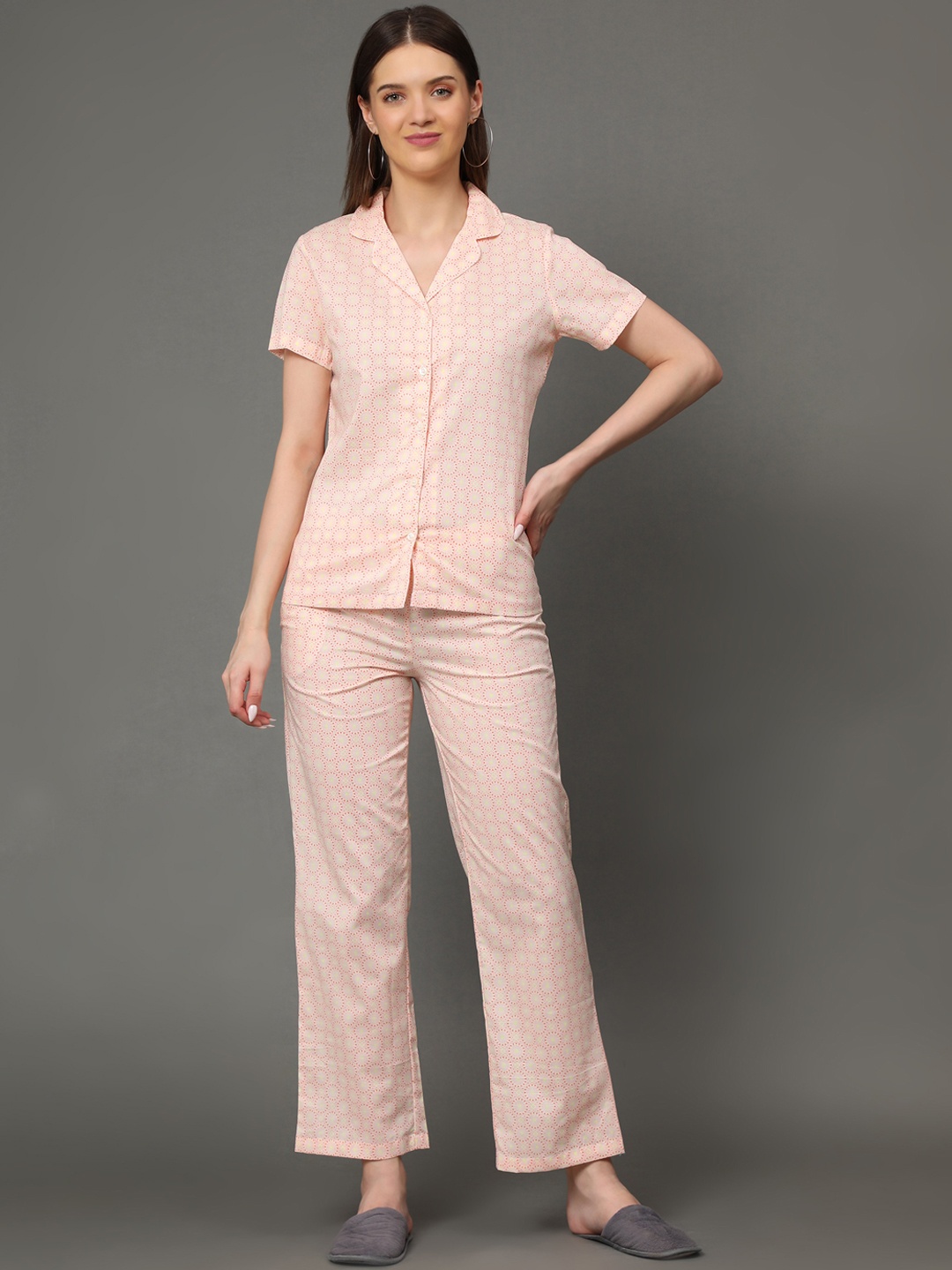 

BStories Women Orange & White Printed Cotton Night Suit