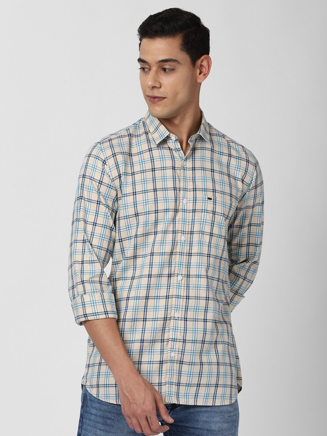

Peter England Casuals Men Blue & Cream Slim Fit Tartan Checked Casual Cotton Shirt