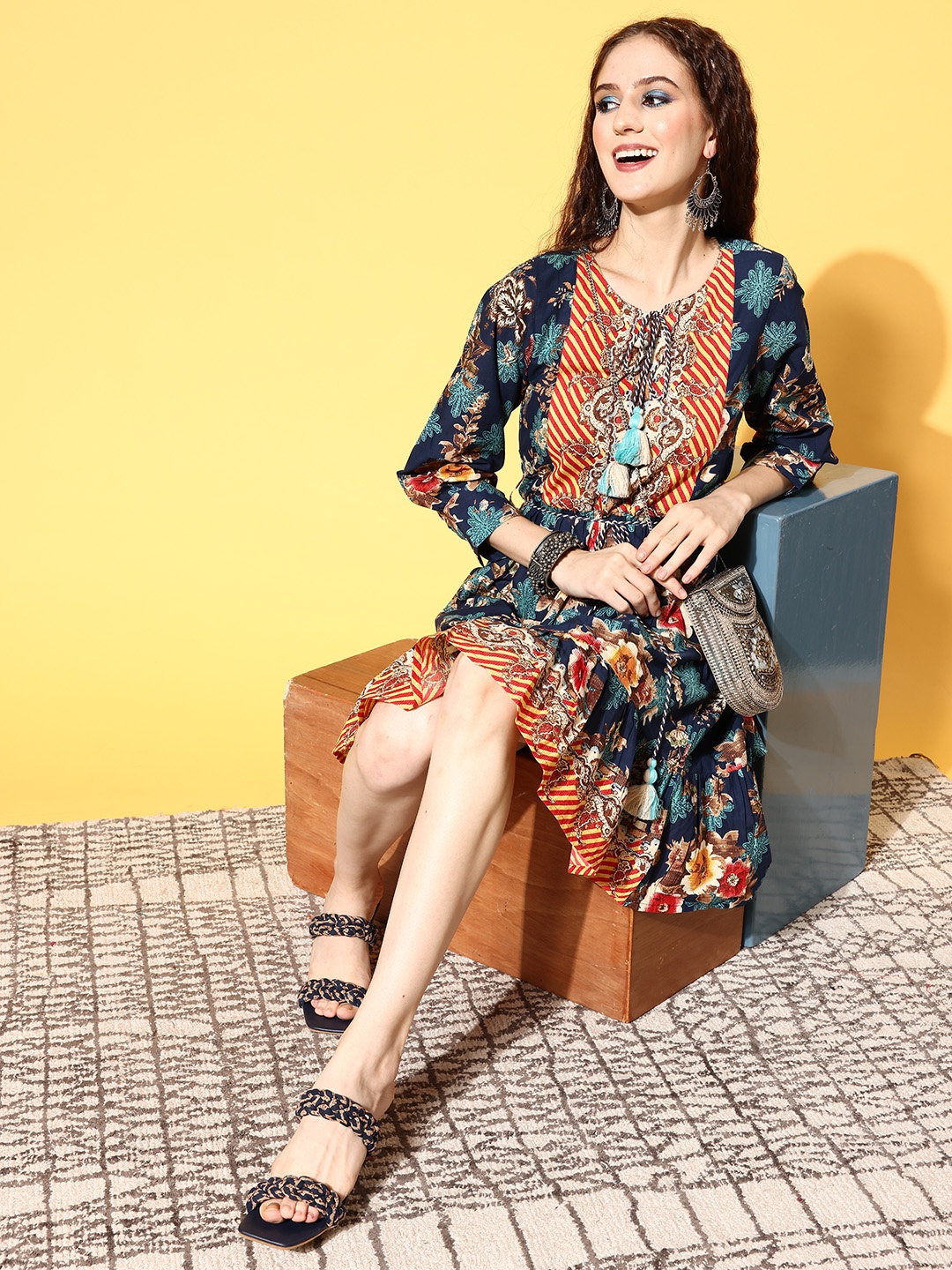 

ZOLA Women Navy Blue Ethnic Motifs Vacay Attire