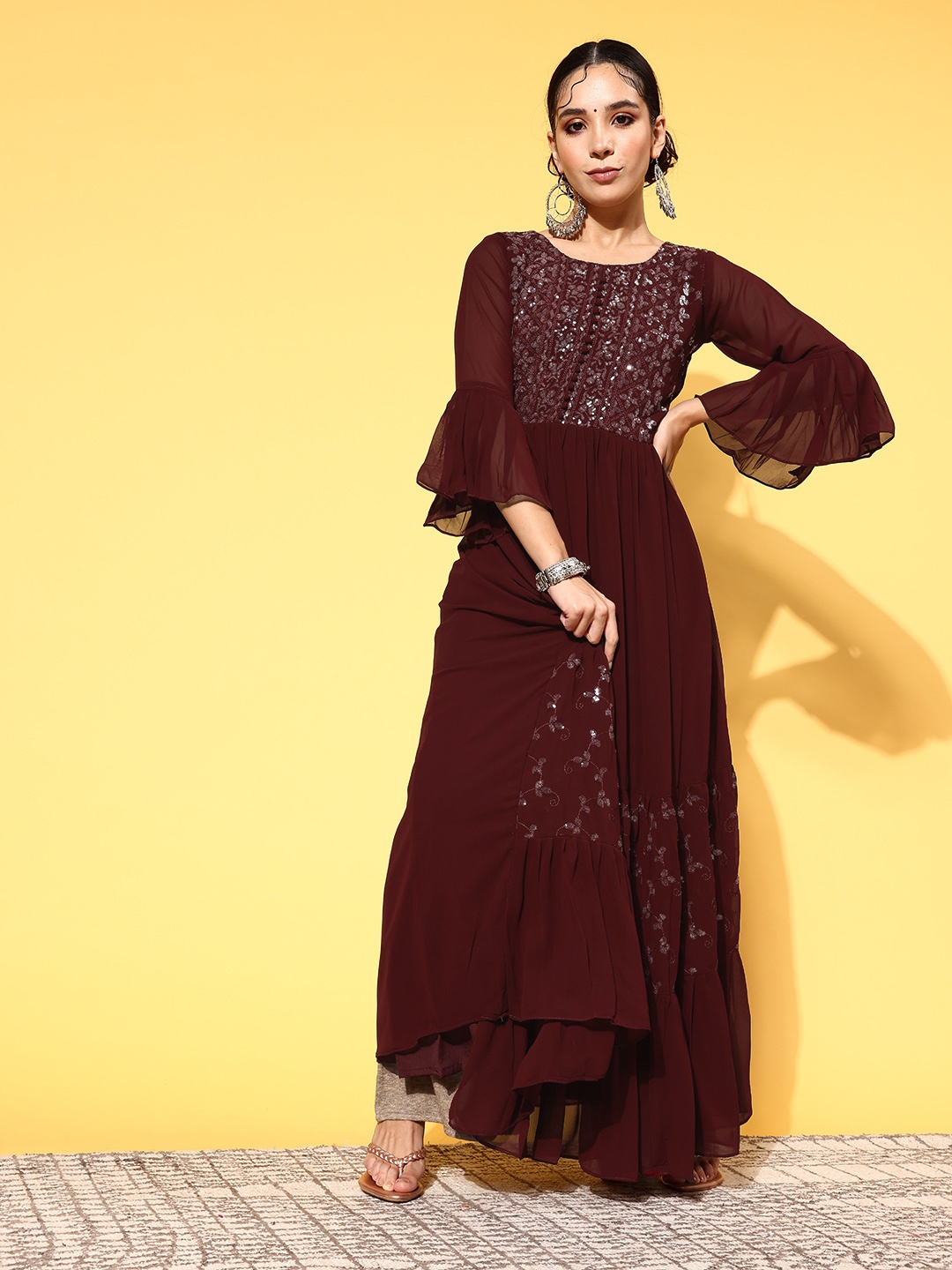 

ZOLA Women Maroon Georgette Bling it On Kurta