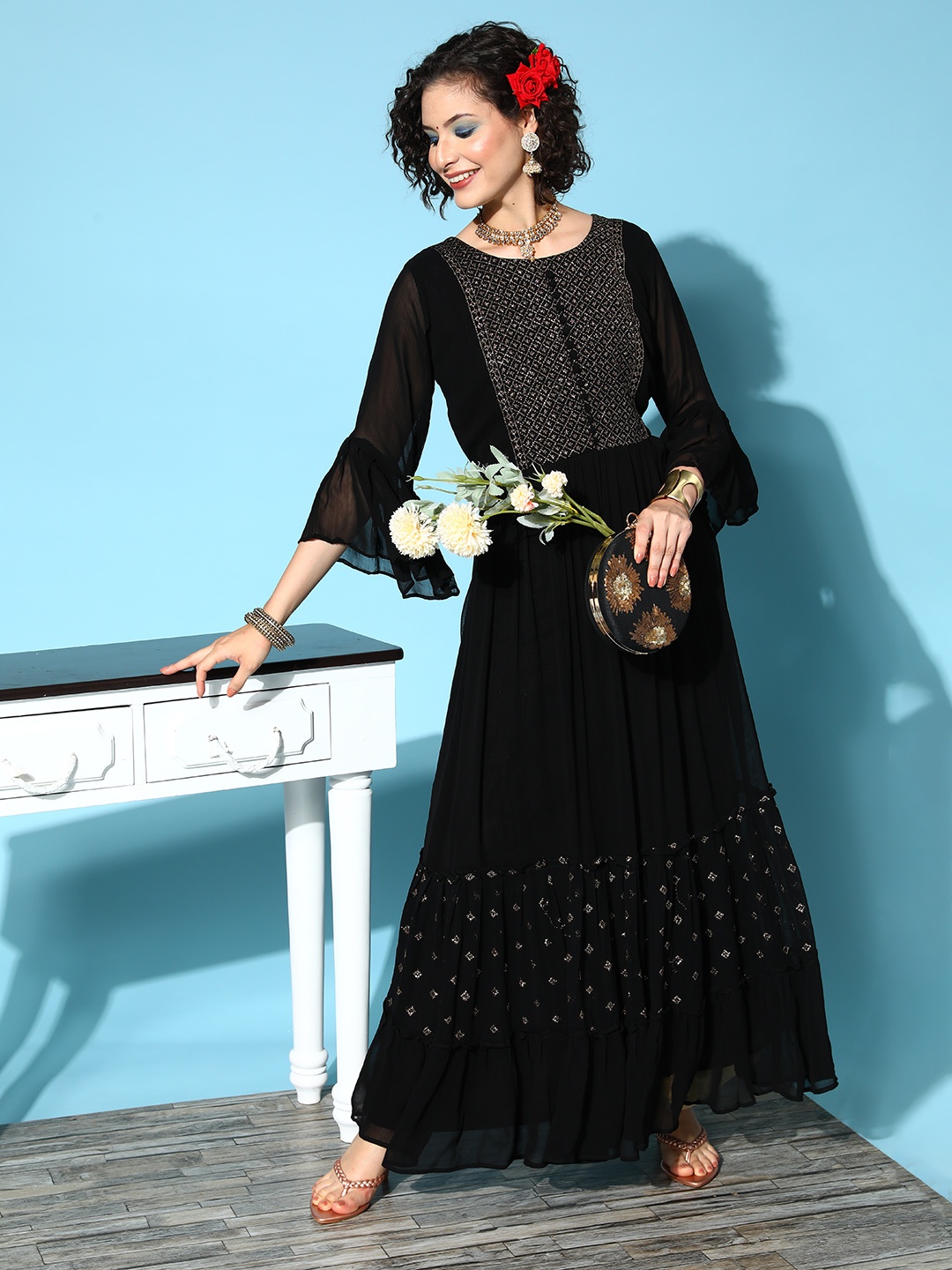 

ZOLA Women Black Georgette Ethereal Embroidery Kurta