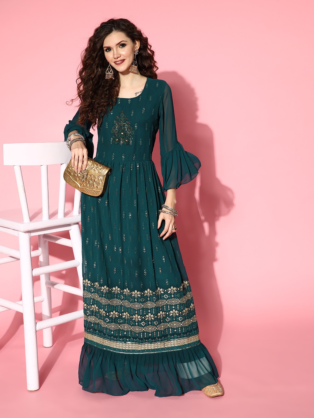 

ZOLA Women Tranquil Teal Georgette Ethereal Embroidery Kurta
