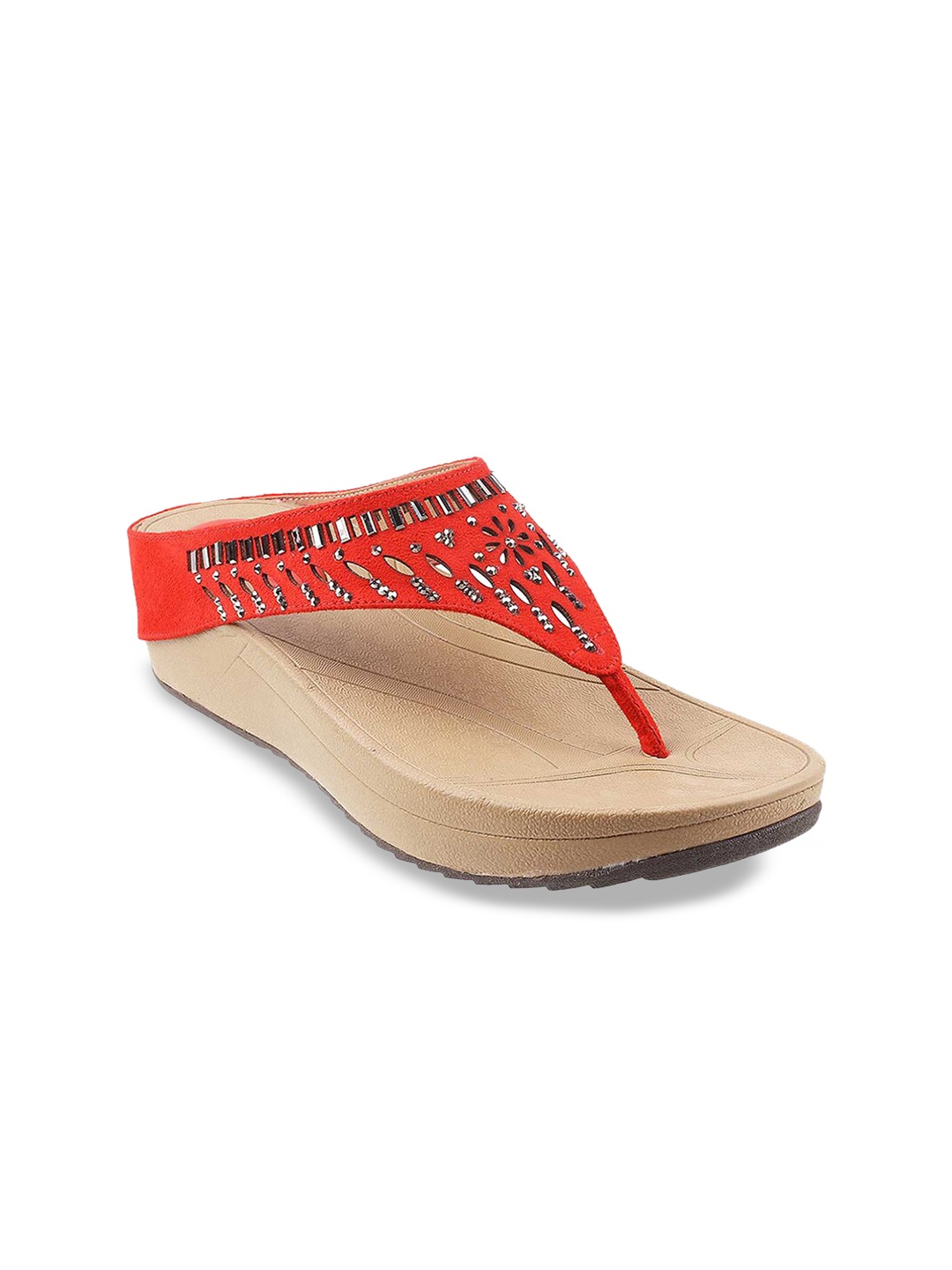 

Mochi Red Embellished Wedge Sandals with Laser Cuts