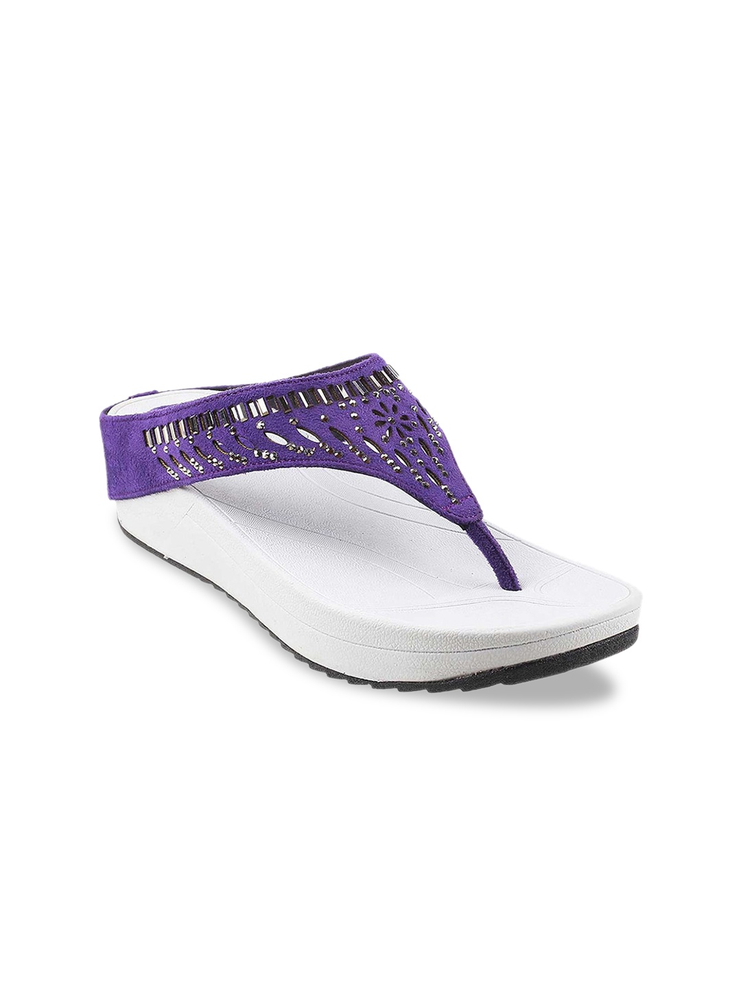 

Mochi Purple Embellished Wedge Sandals with Laser Cuts