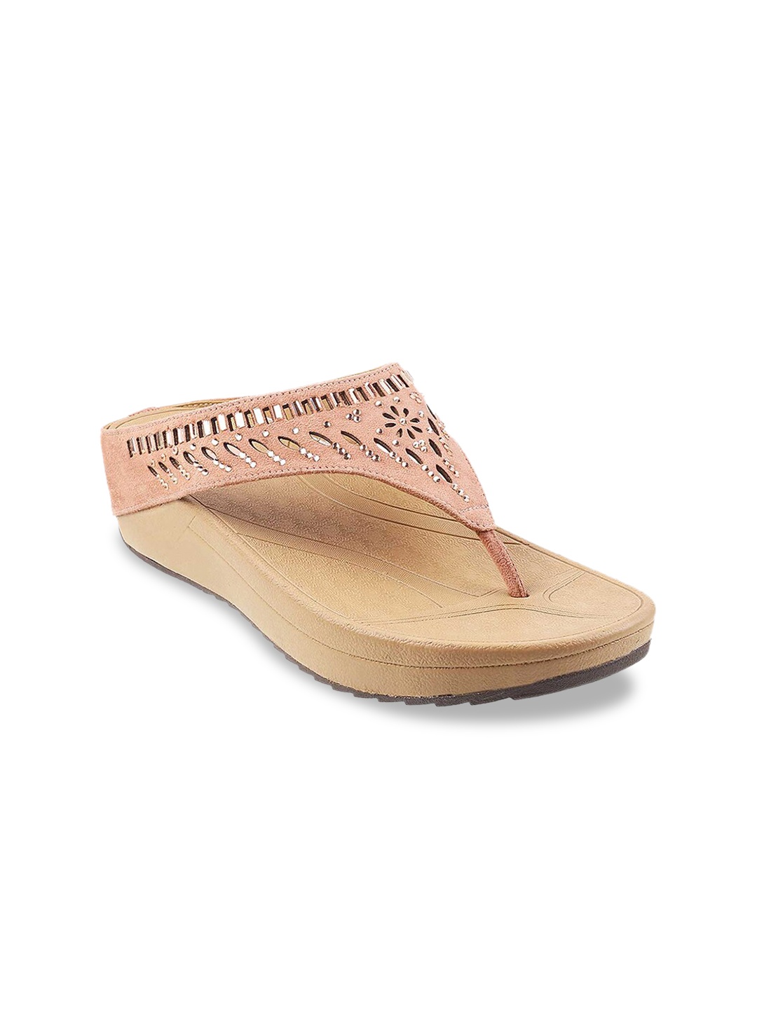 

Mochi Peach-Coloured Embellished Comfort Sandals with Laser Cuts