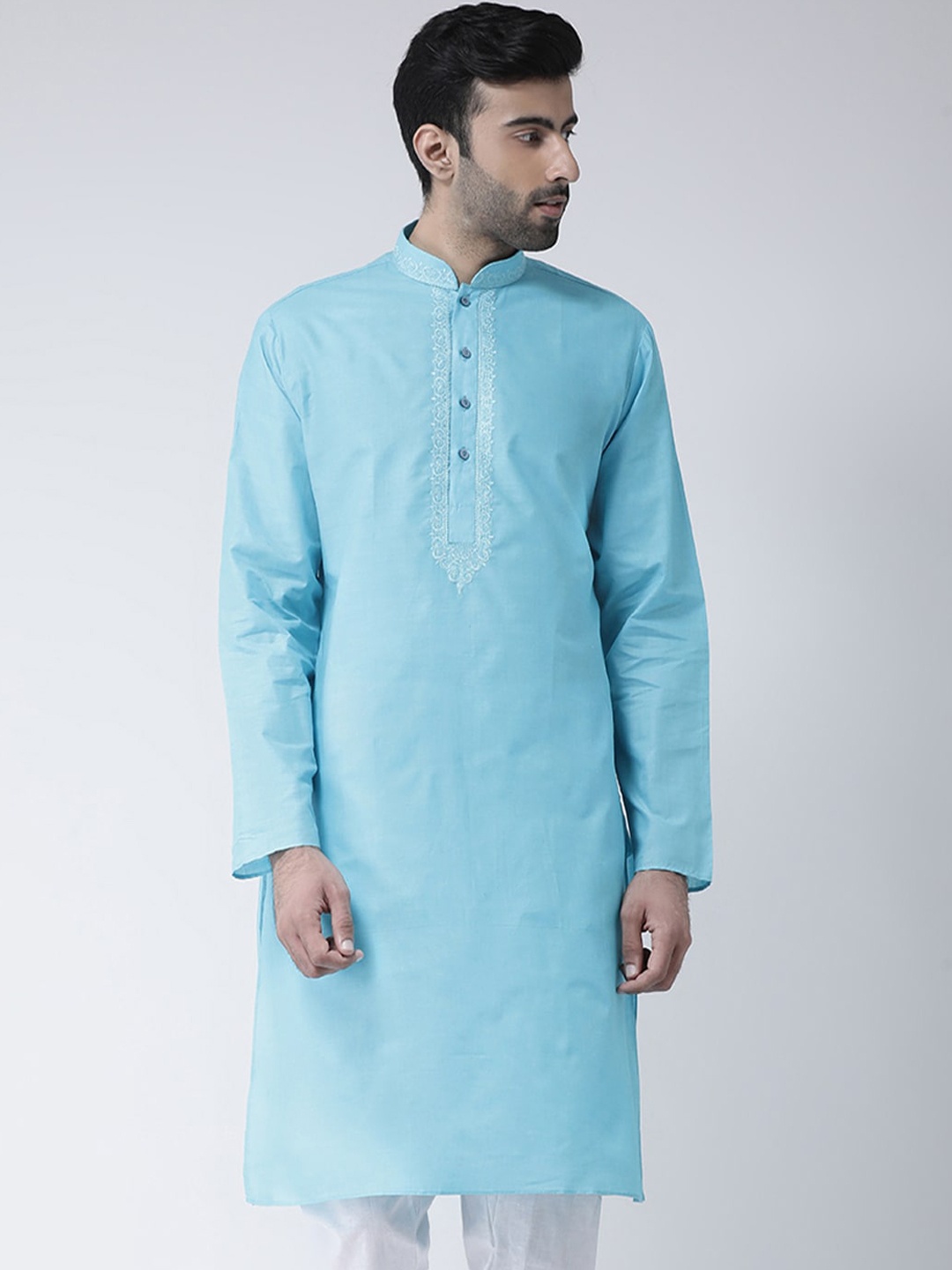 

SG LEMAN Men Turquoise Blue Floral Embroidered Cotton Kurta