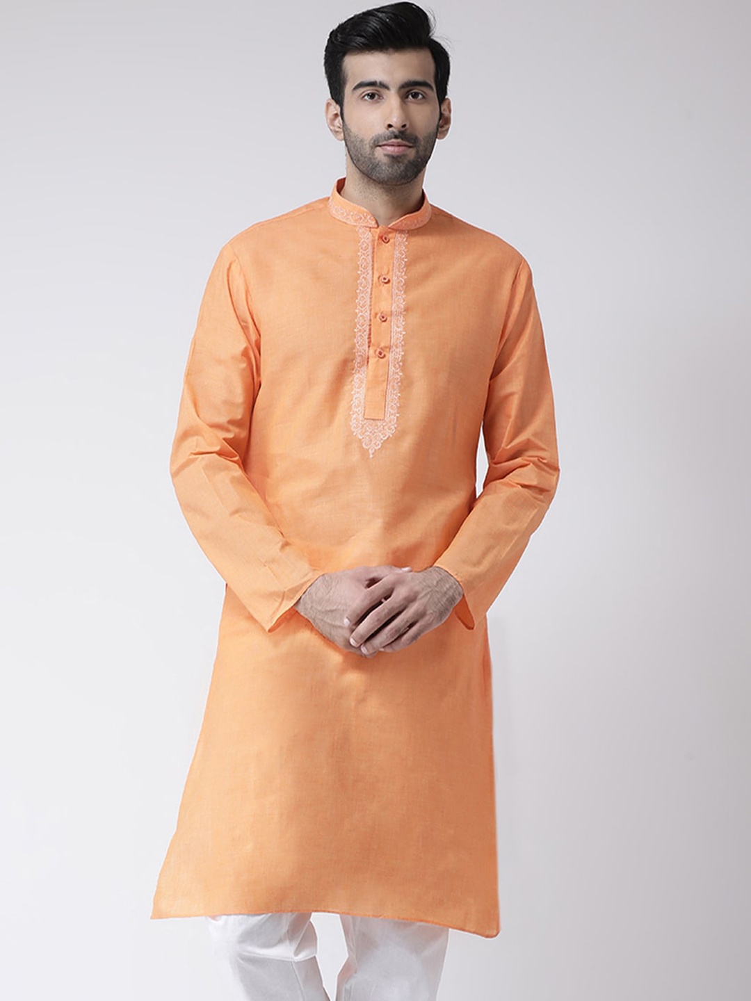 

SG LEMAN Men Orange Floral Embroidered Pure Cotton Kurta