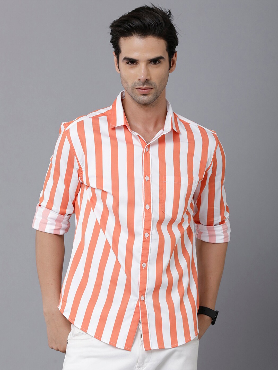 

YOVISH Men Orange Smart Slim Fit Striped Formal Shirt