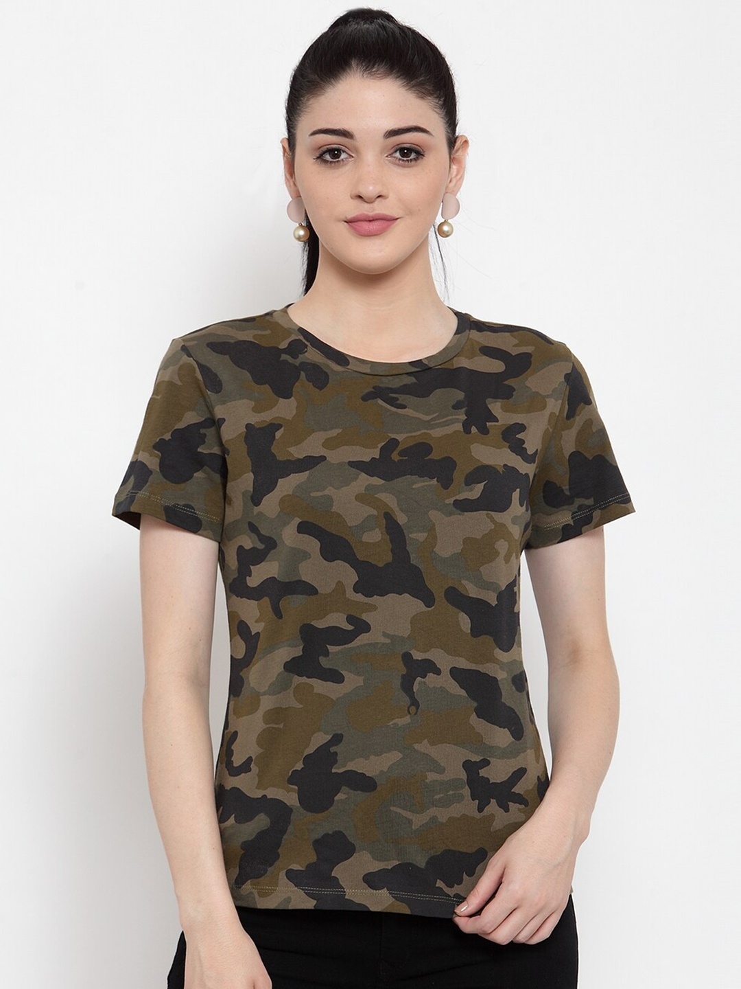 

DOOR74 Women Green Camouflage Printed T-shirt