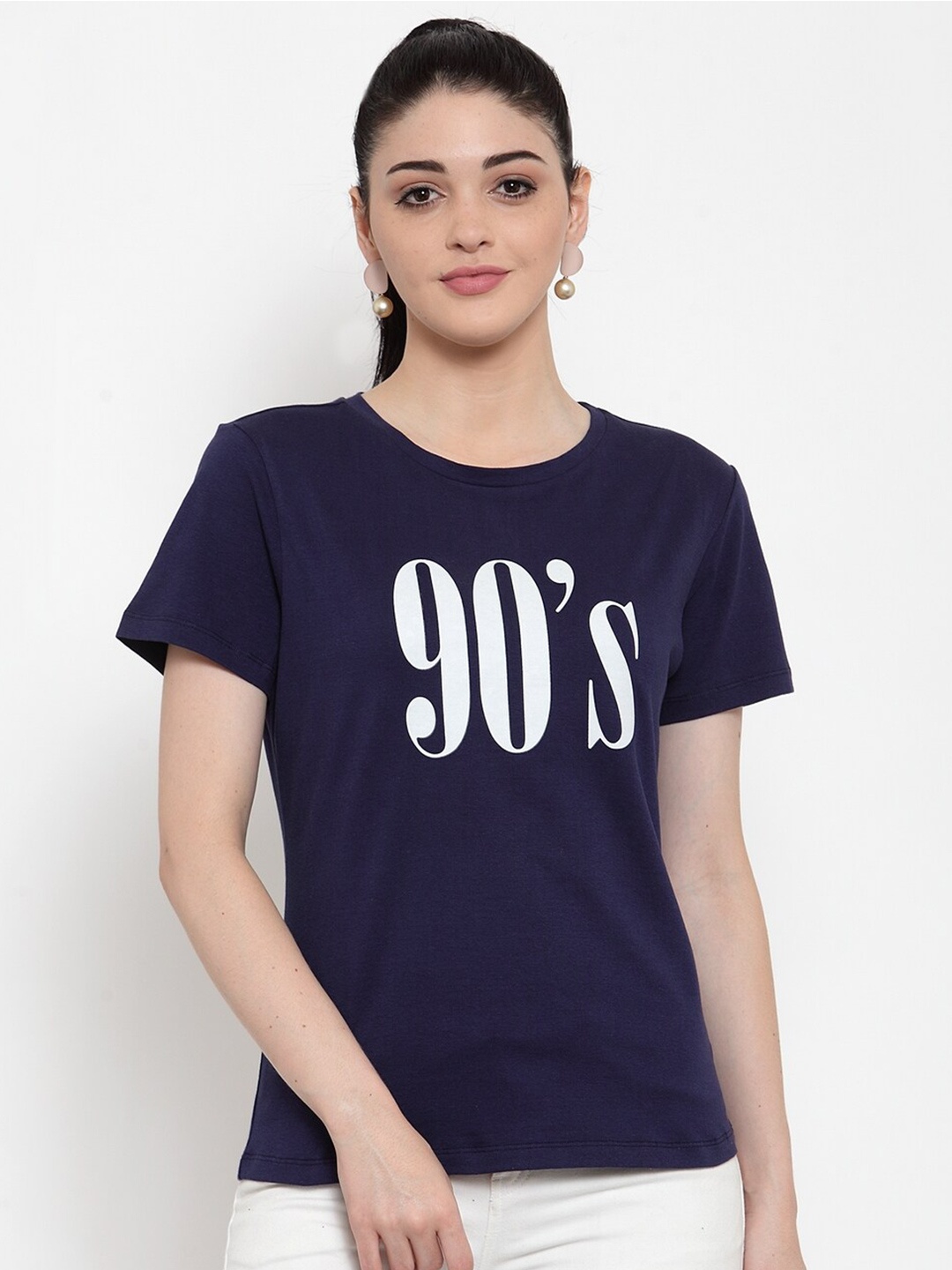 

DOOR74 Women Navy Blue Typography Printed T-shirt