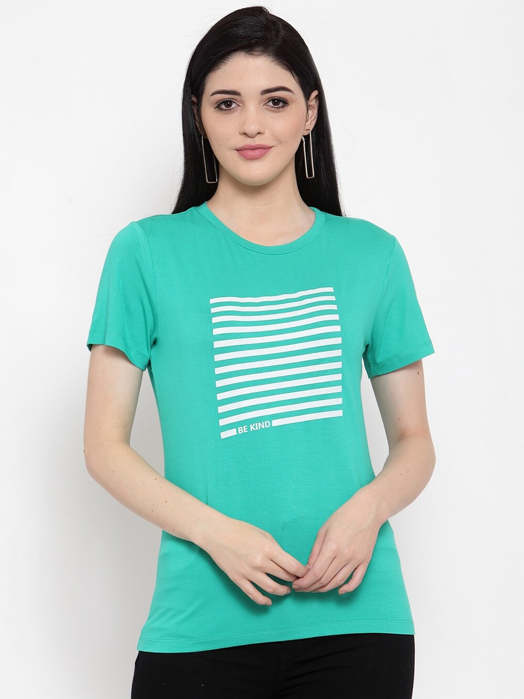 

DOOR74 Women Green Printed T-shirt