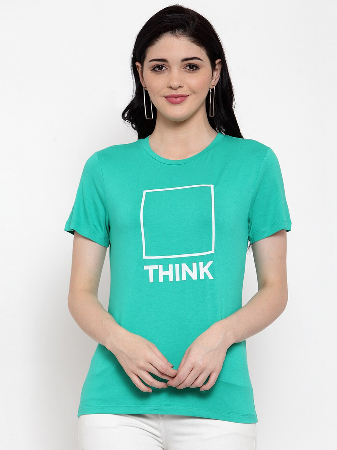 

DOOR74 Women Green Typography Printed T-shirt