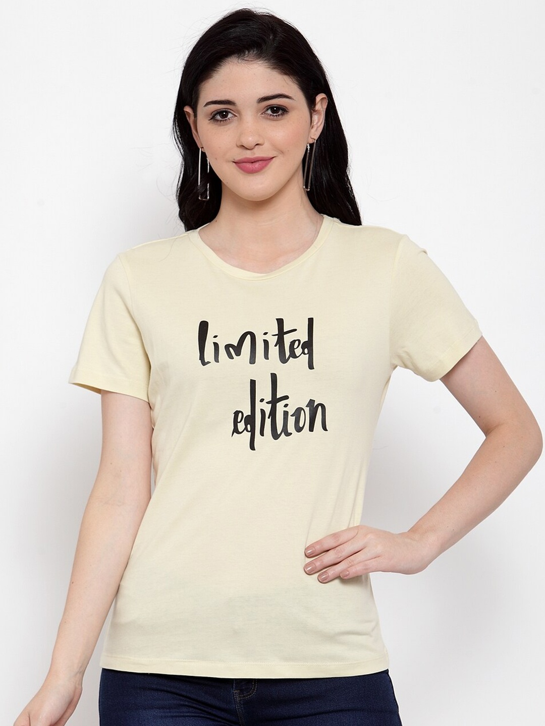 

DOOR74 Women Yellow Typography Printed Applique T-shirt