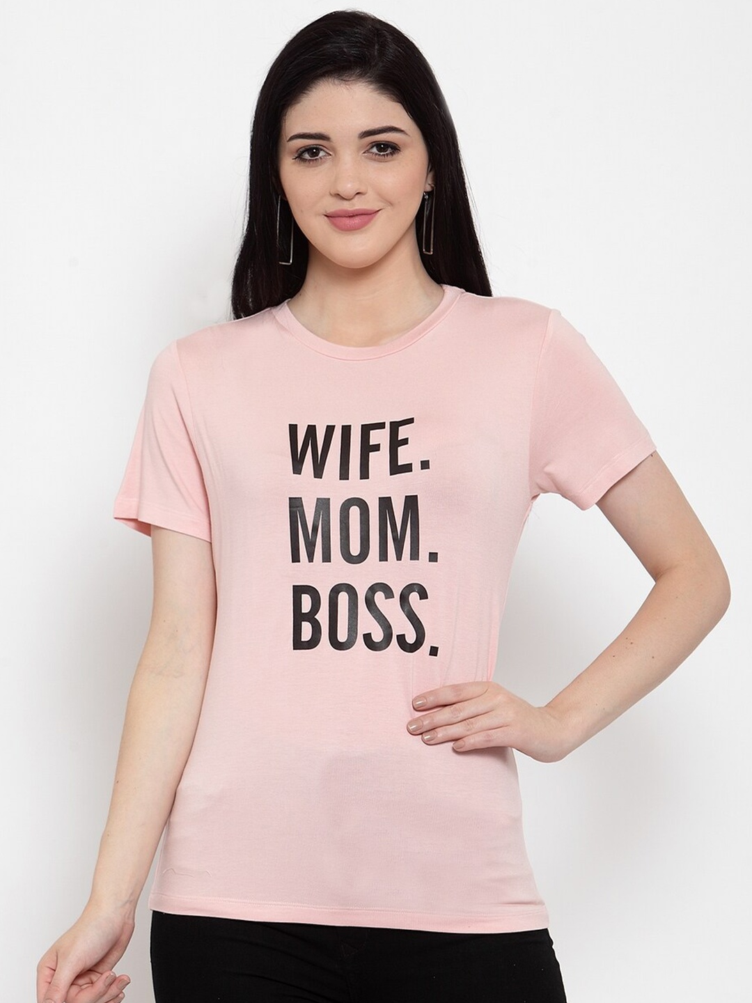 

DOOR74 Women Pink Typography Printed T-shirt