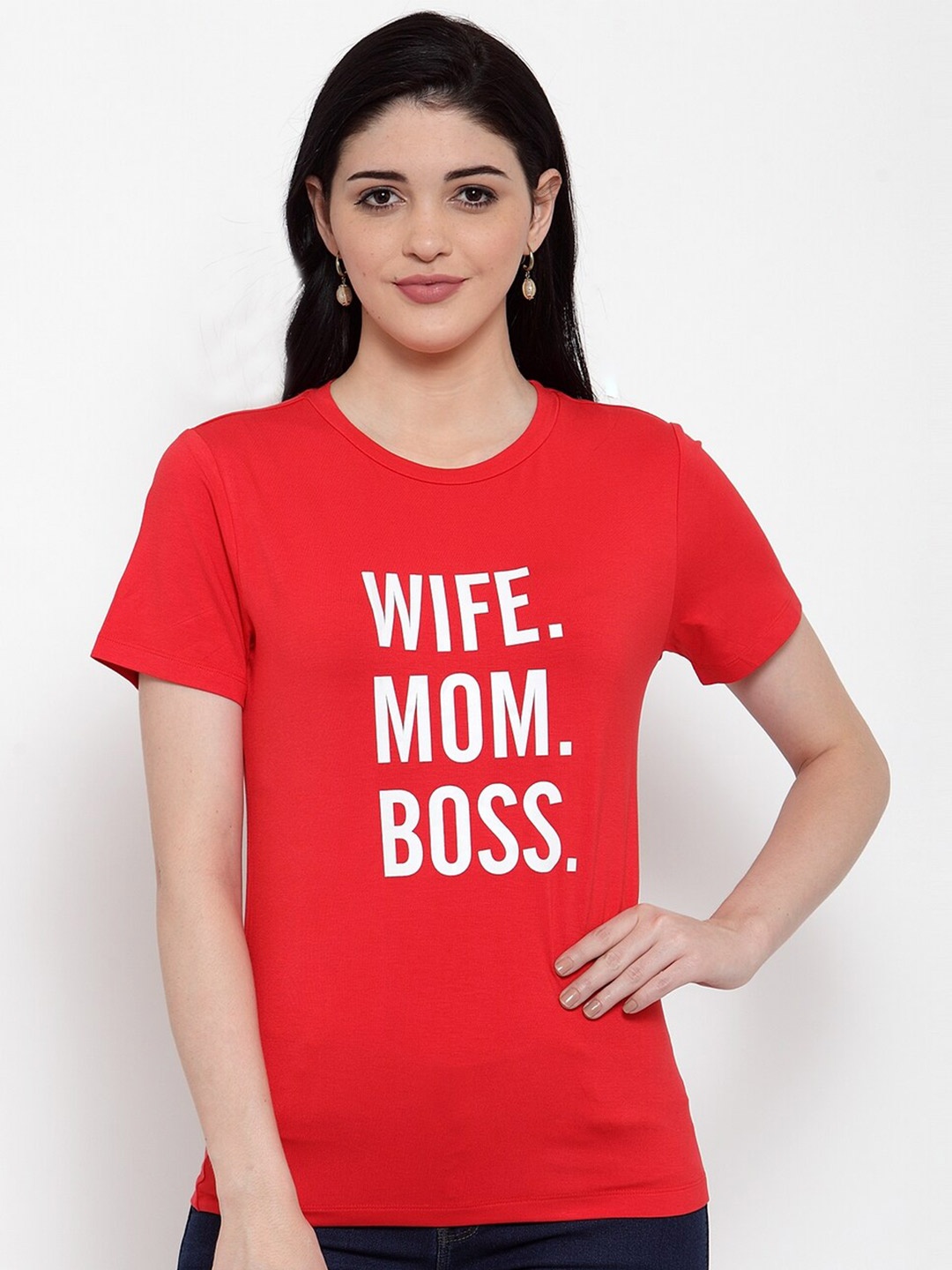 

DOOR74 Women Red Typography Printed Applique T-shirt