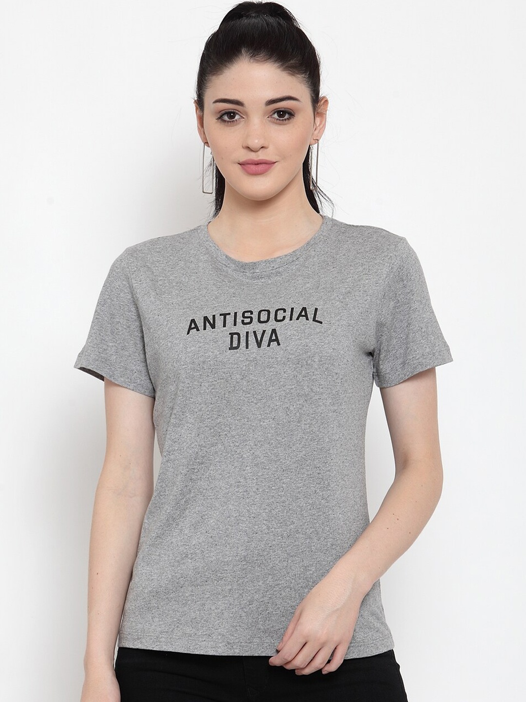 

DOOR74 Women Grey Typography Printed T-shirt
