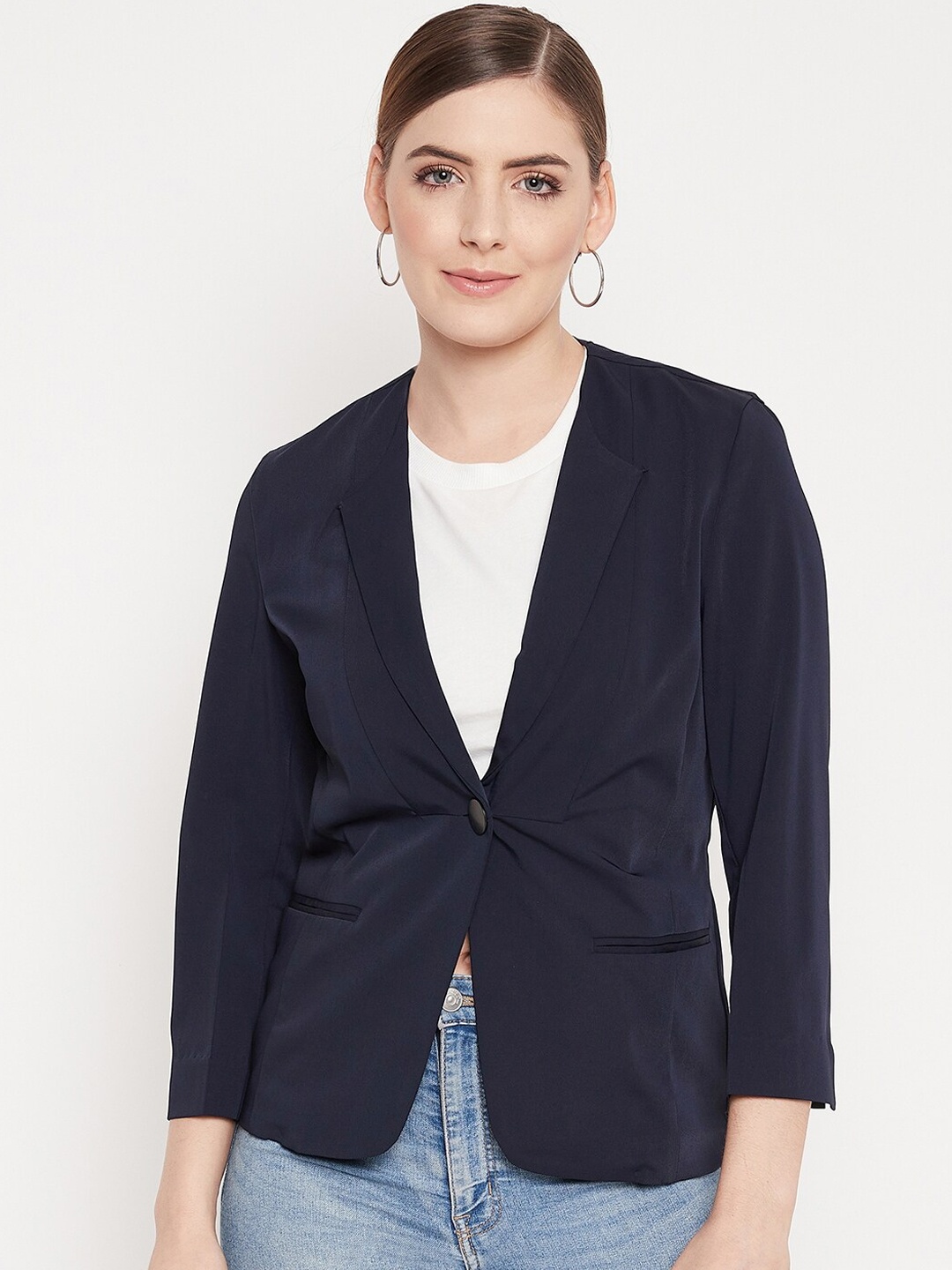 

Madame Women Navy Blue Solid Blazer